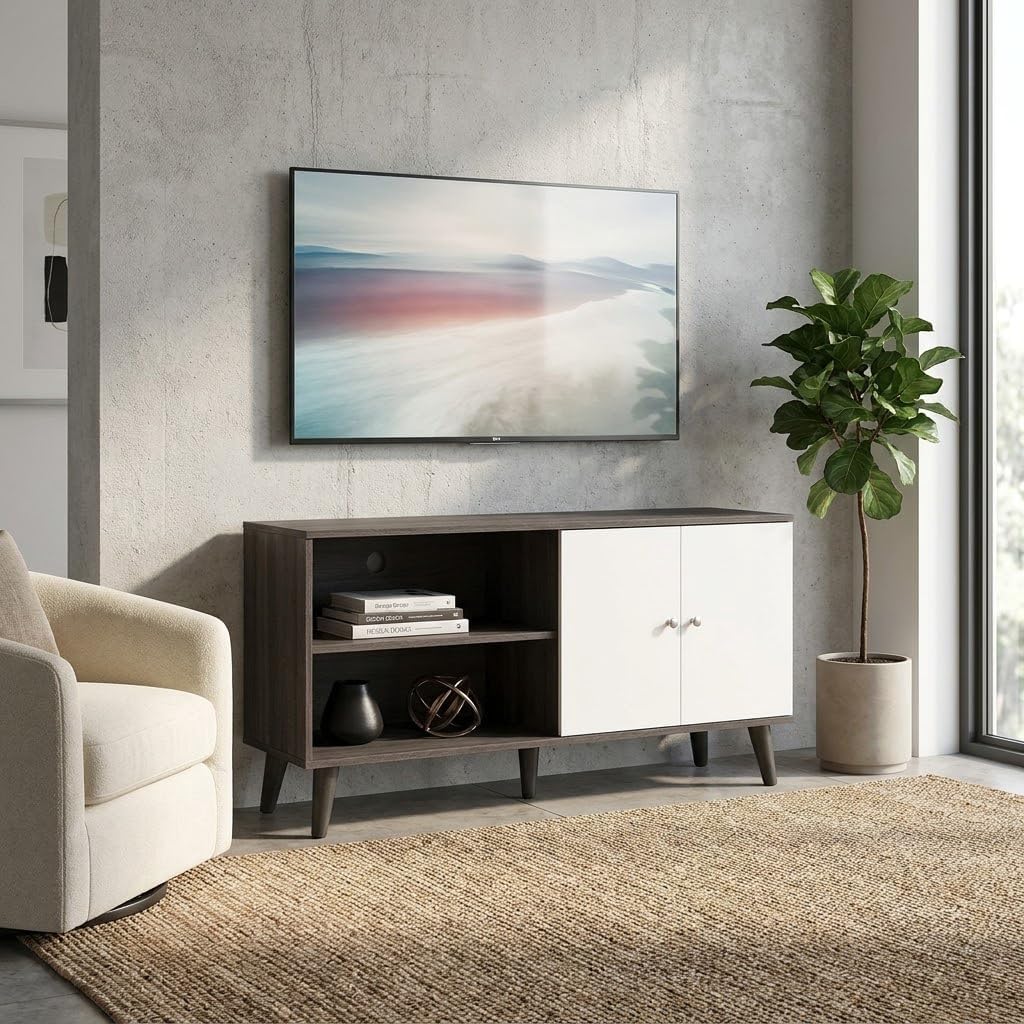47.3" Mid-Century Modern TV Stand with Storage Cabinet, Wooden Media Console Table with Open Shelves,Low Profile TV Console for Living Room Bedroom Apartment，Walnut image 5