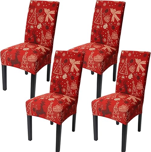 Juego de 4 fundas elásticas extraíbles para sillas de comedor, diseño de árbol de Navidad, alce, fundas para sillas de Navidad, para comedor,