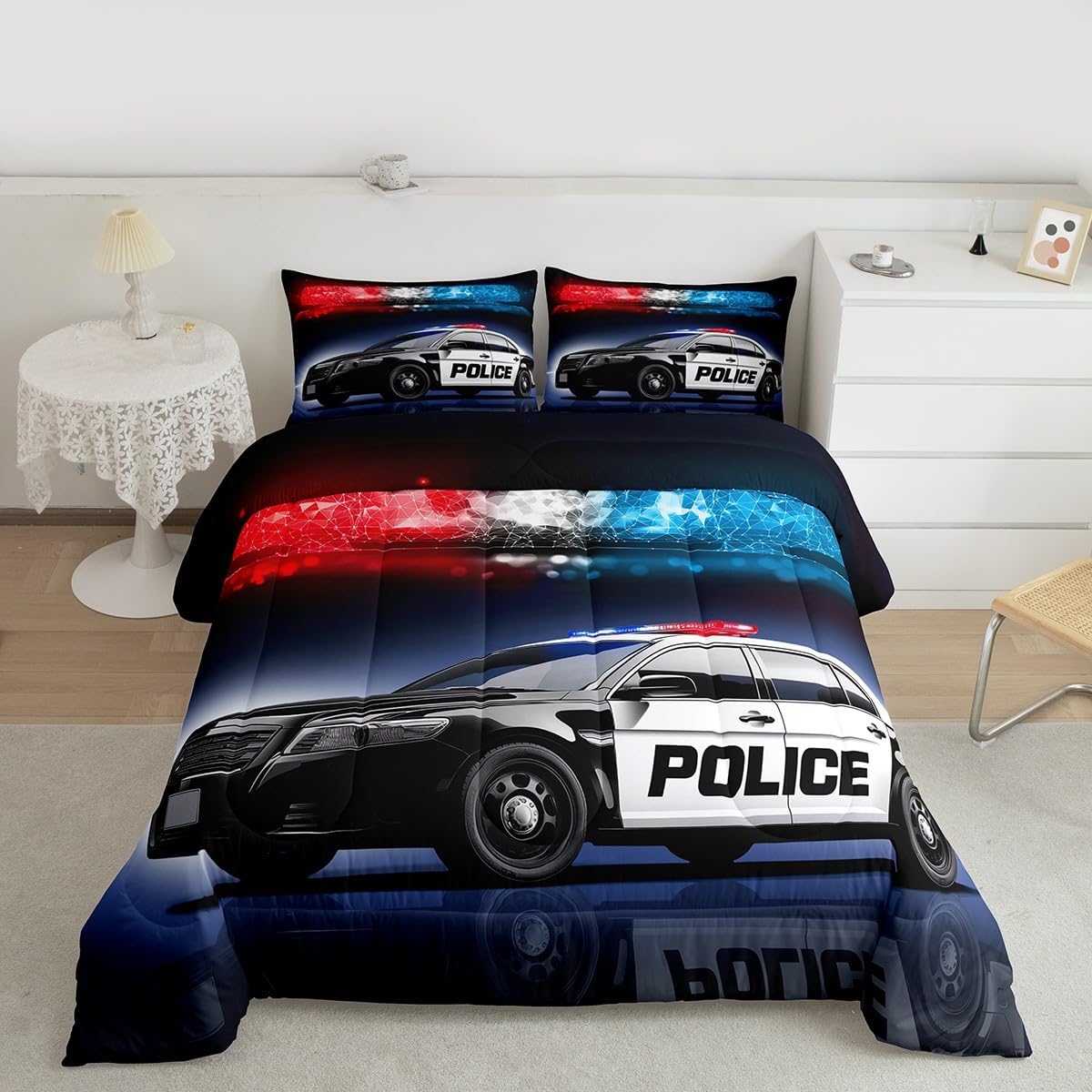 Erosebridal Police Car Comforter Sets Queen Size,Policeman Vehicle Bedding Set For Kids Boys Children,Red Blue Cop Lights Down Comforter Geometric Graphics Duvet Sets Bedroom Decor With 2 Pillow Cases