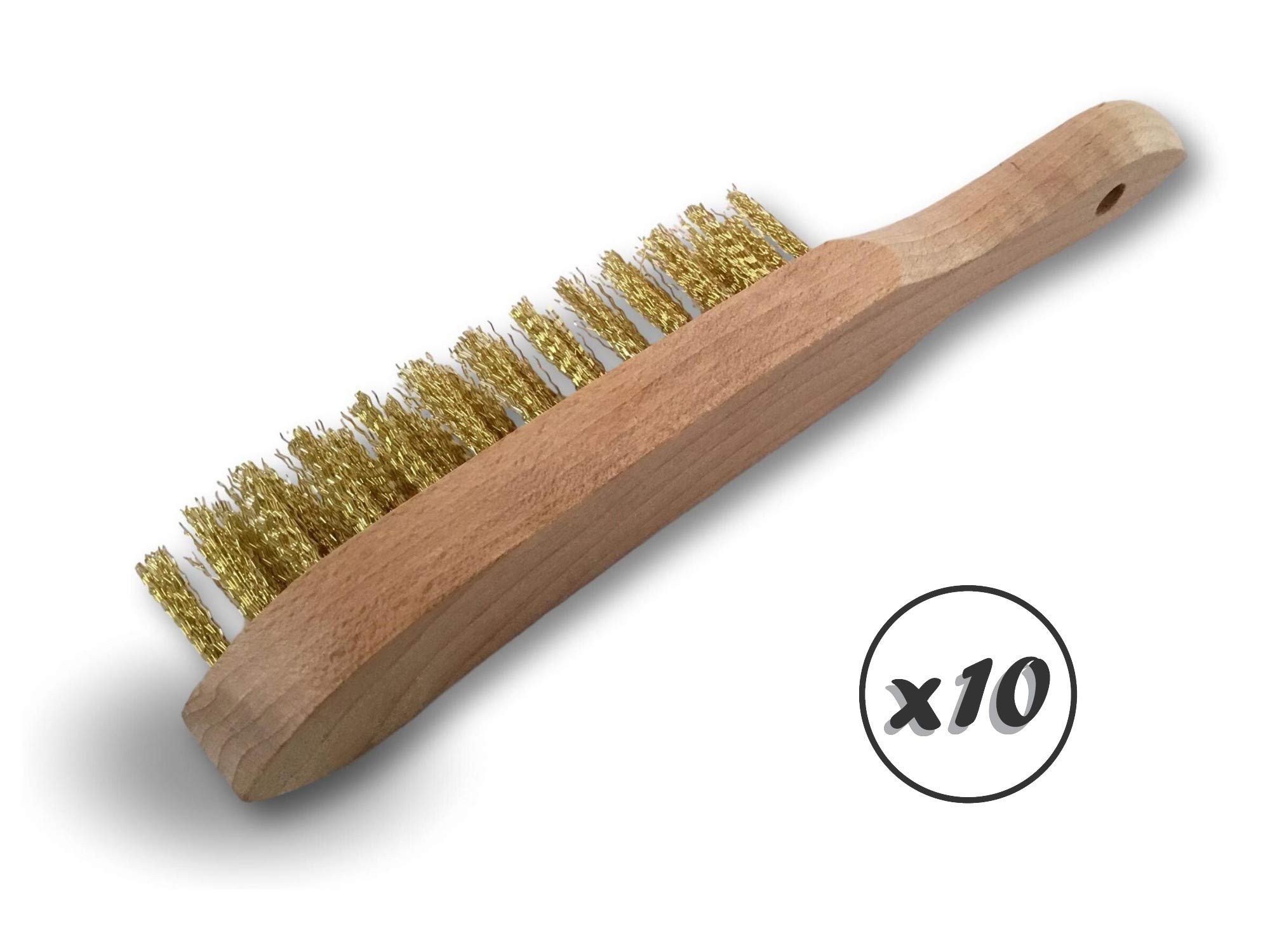 Standardowa szczotka druciana do spawania ręcznego | Zestaw 10 | 4-rzędowy mosiężny drut falisty 30 mm | Drewniany uchwyt | Szczotkowanie usuwanie rdzy | Kibros 32L4x10