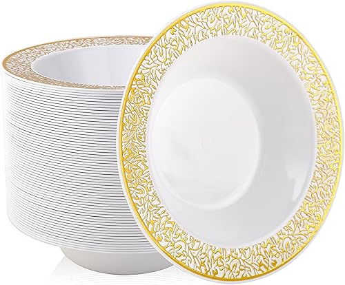 JOLLY PARTY 60 cuencos desechables de plástico dorados para postre, cuencos de sopa de 12 onzas, adornos de encaje de Navidad y Acción de Gracias,