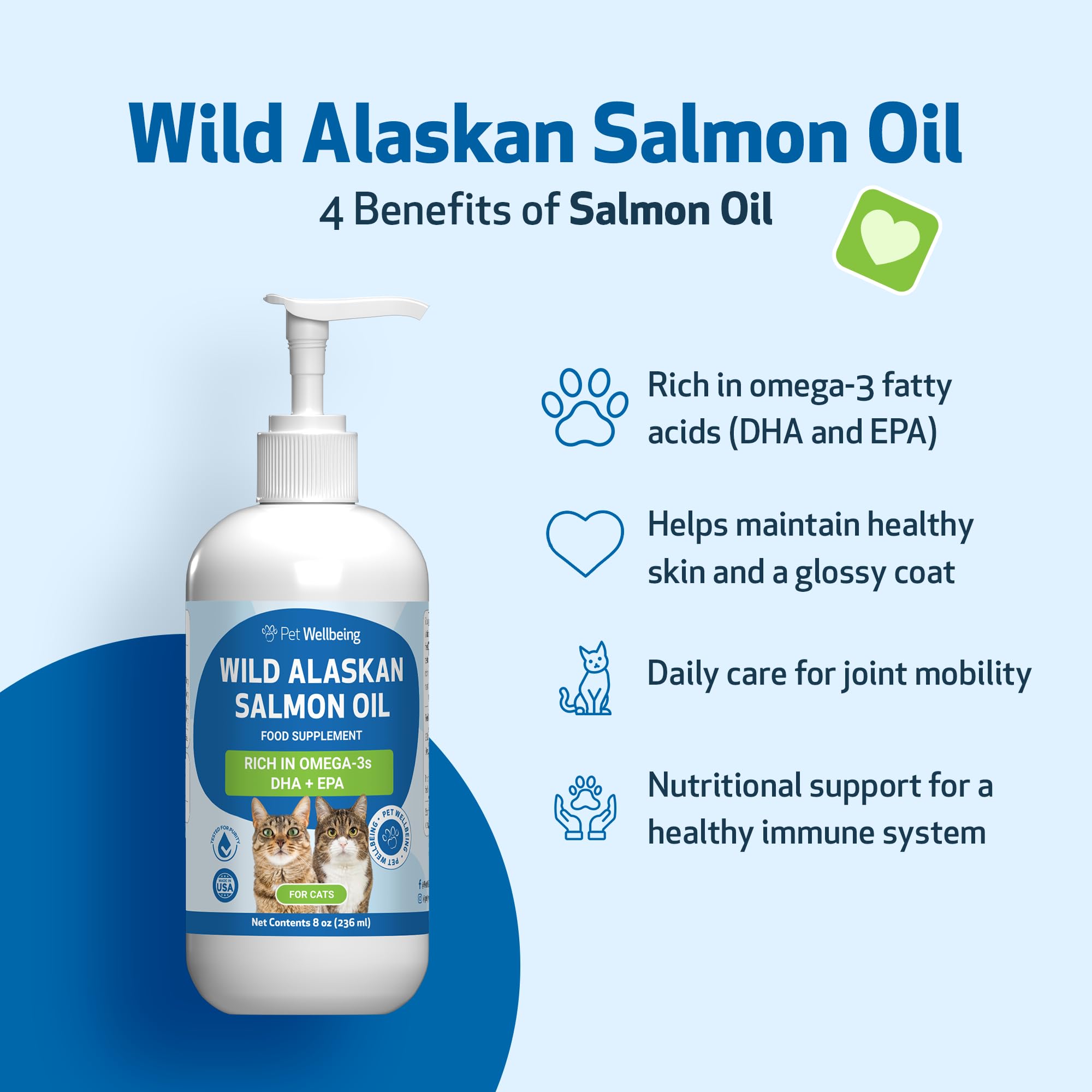 Pet Wellbeing Olio di salmone selvatico dell'Alaska per gatti, olio di pesce omega-3 catturato in natura, lavorato a freddo, per pelo e pelle sani, mobilità e forza articolari, EPA, DHA, 236 ml