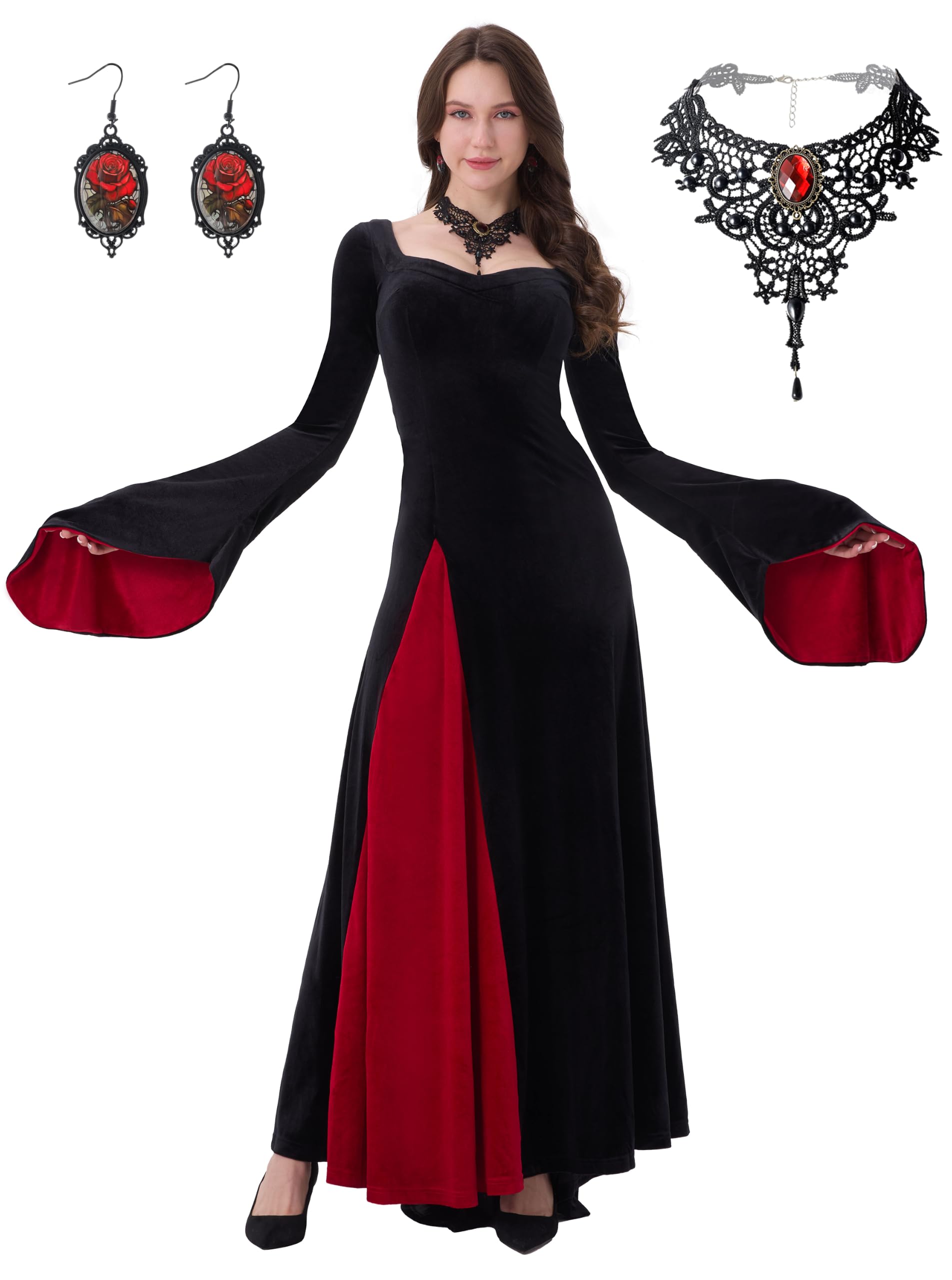 Women's Gothic Vampire Halloween Black Velvet Dress Set
