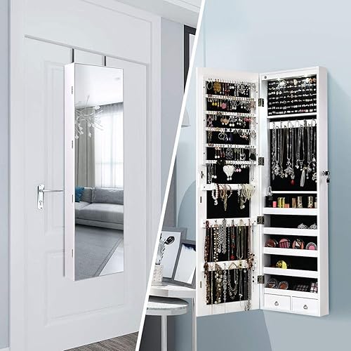 Miniatura 2 de Giantex Armario de joyería para puerta de pared con espejo de longitud completa 2 LED con cerradura grande organizador de joyas con espejo ancho