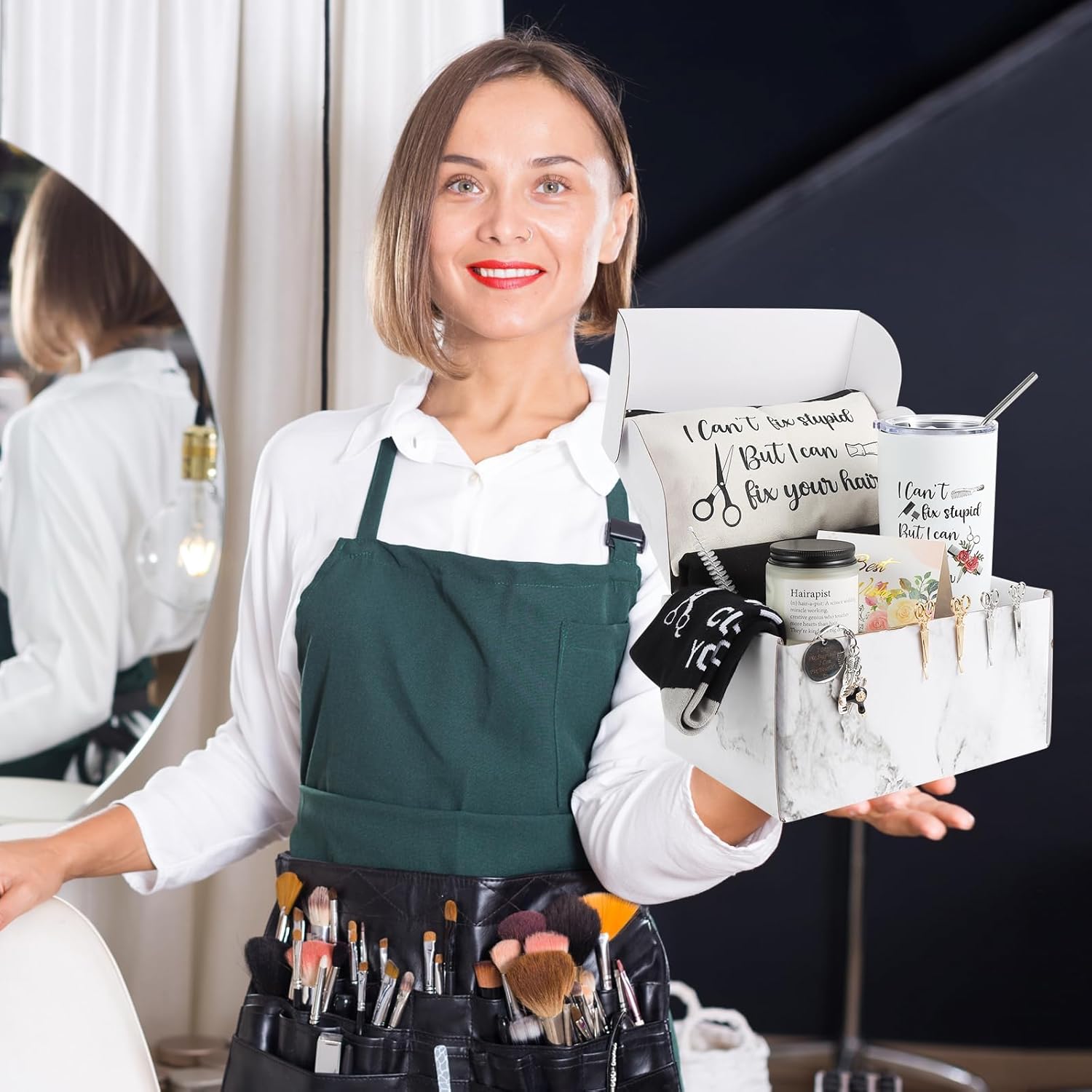 10 Pieces Hairdresser Gifts Set for Women Hair Stylist Appreciation Gift Set Christmas Gift with Tumbler,Socks,Makeup Bag,Keychain,Candle,Scissor Hair Clips,Apron,Greeting Card (Tumbler) - Image 7