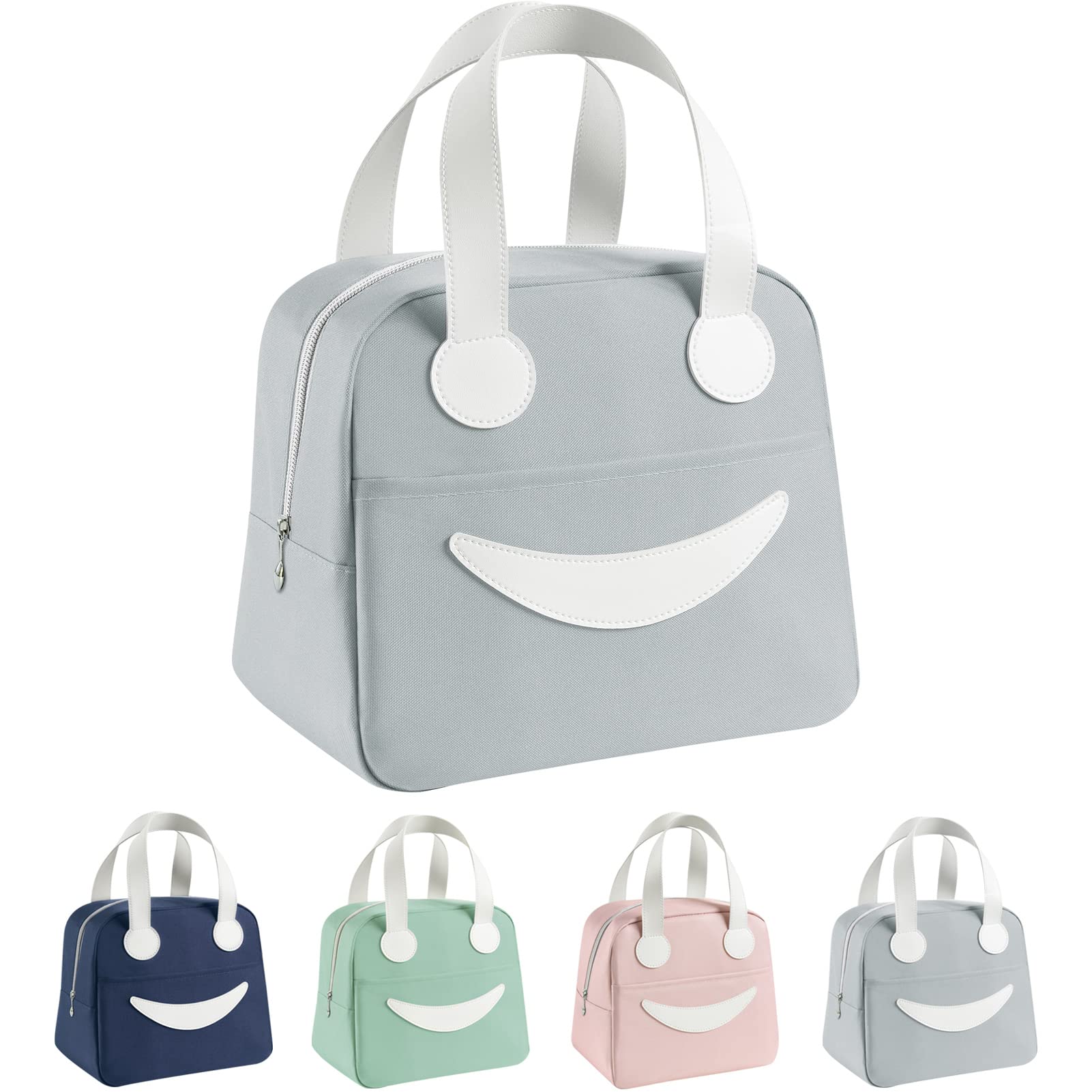 SineGuxCute Lunch Bag, Funny Smiley Reusable Lunch Tote Bag with PU Leather Handles, Insulated Lunch Box Organizer Lunch Containers for Women Men Work Travel Picnic (Grey)