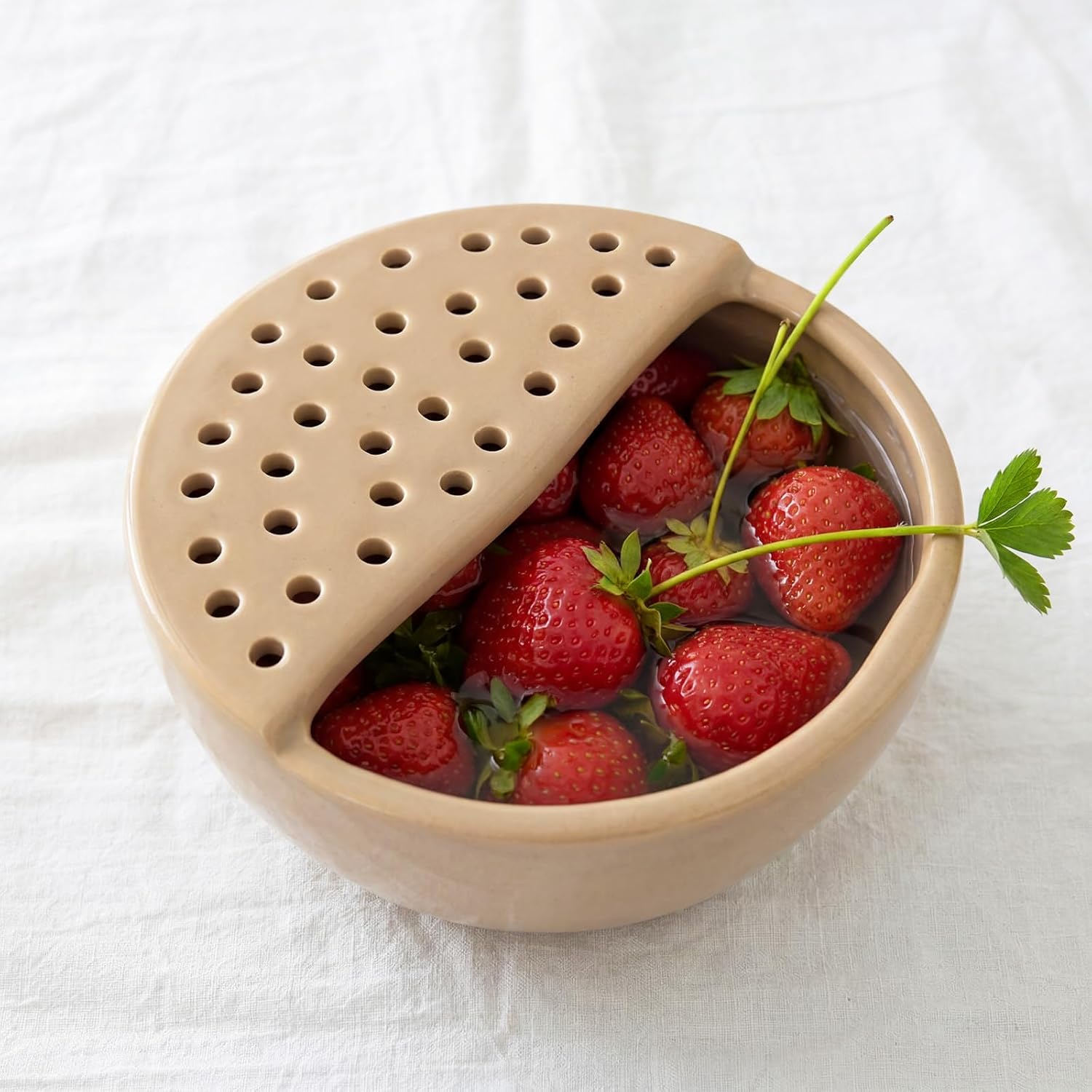 Hushee Ceramic Berry Basket with Holes Set of 2 Ceramic Fruit Container 2 In 1 Washing Bowl 6'' Strainer Bowl Fruit Bowls Colander for Kitchen Strawberry Grape Cherry Stoneware Fridge Harvest Bowls