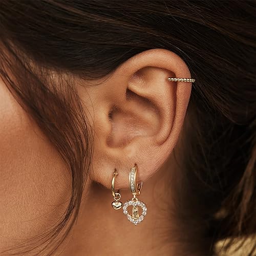 Vista 3 de KissYan Aretes de oro de 14 quilates para mujer, plata de ley S925, pequeños postes pavimentados con circonita cúbica, aretes colgantes, aretes