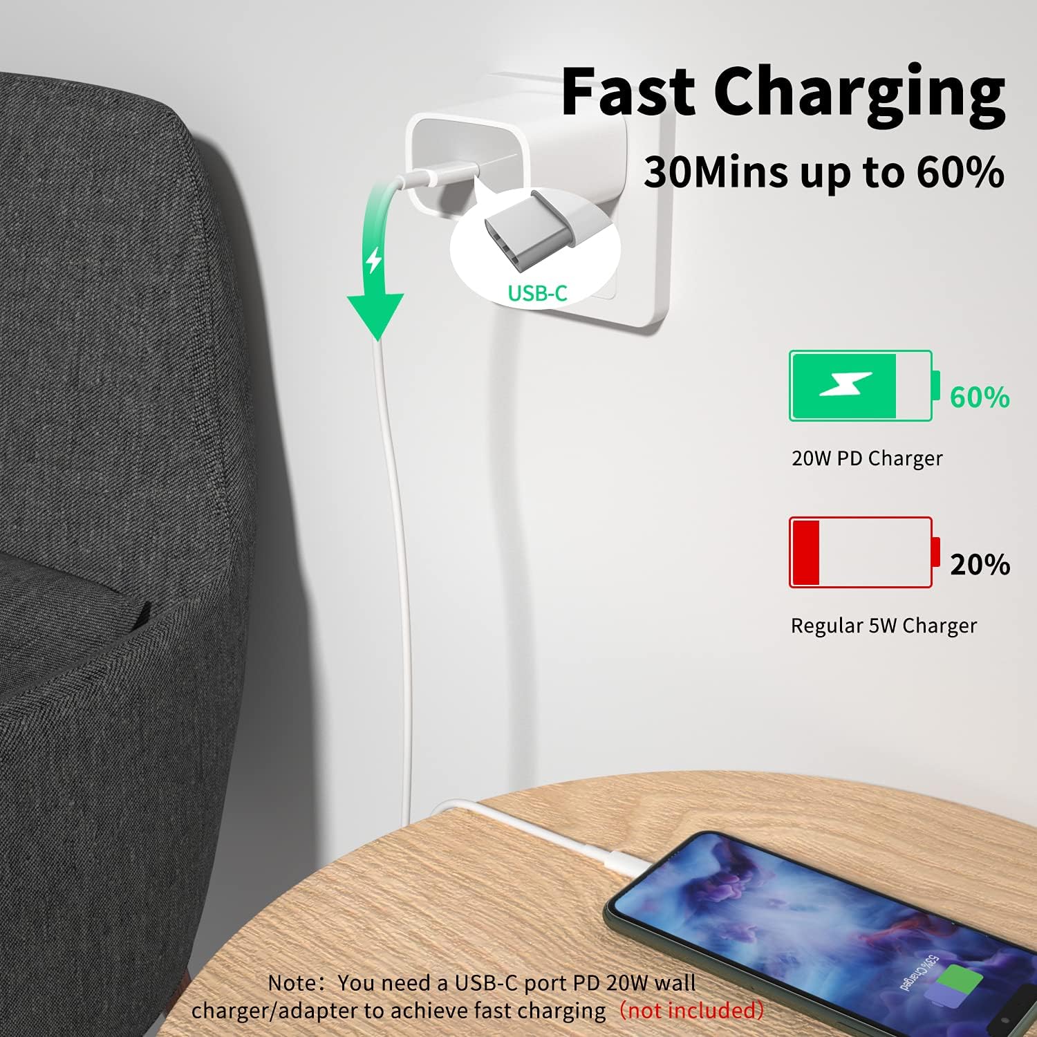 AUDIANO USB C to Lightning Cable [3 Pack], iPhone PD Fast Charging Cord MFi Certified TYPC C Port to iPhone Charging Cord for iPhone 13 12 11 Pro Max Mini X XS