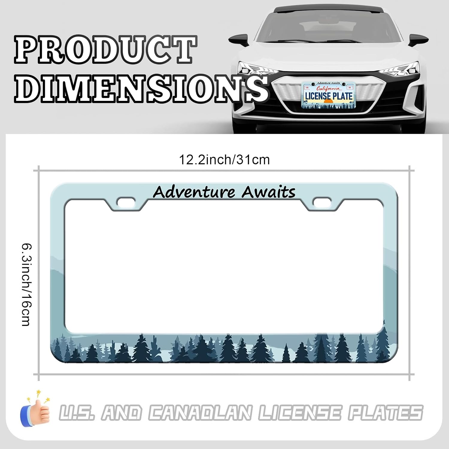 Adventure Awaits License Plate Frames - 2 Pack Front Rear Forest Tree License Plates Holder Covers, Aluminum Metal Rust-Proof Waterproof Car Tag Frame with Screws Fasteners Caps image 2