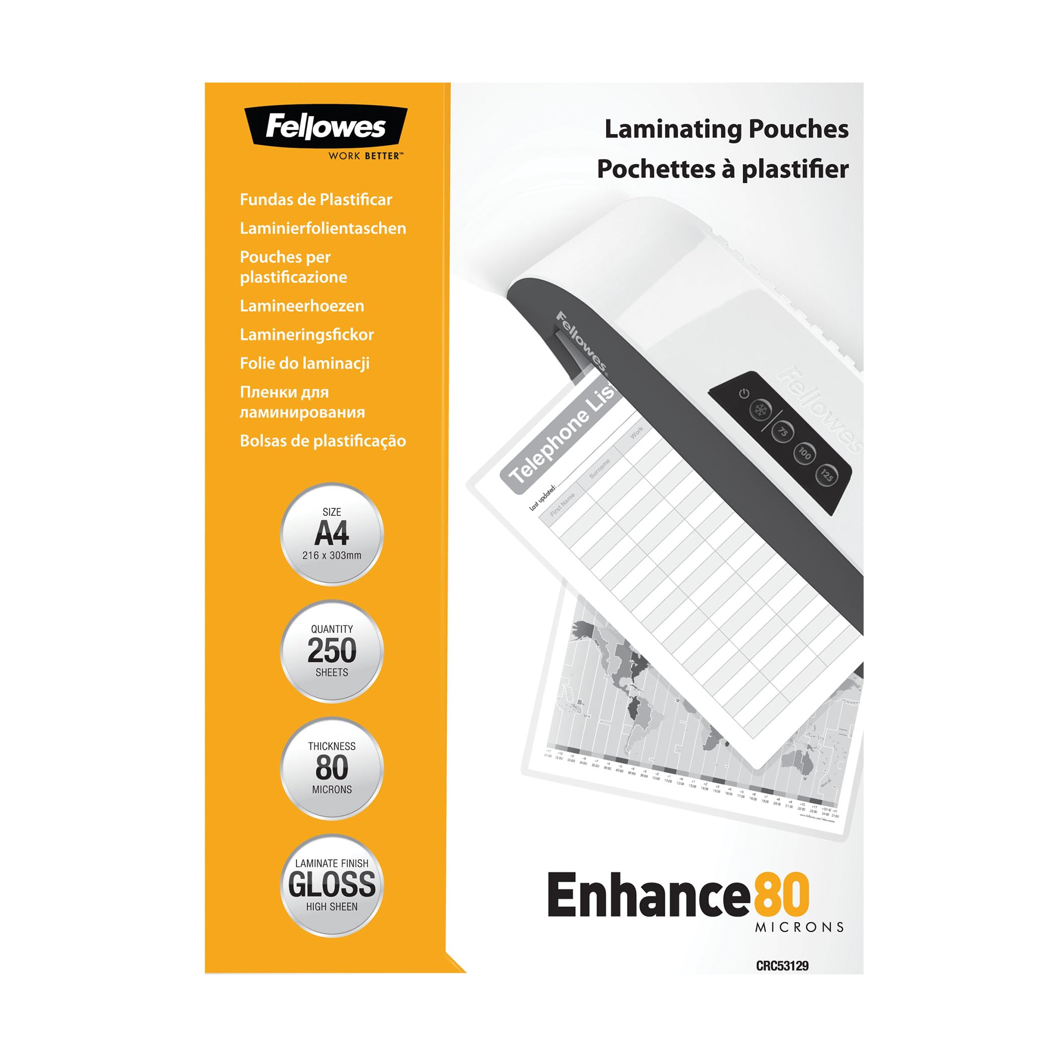 Fellowes Laminierfolien A4, 80 Mikron (2 x 80 mic), glänzend, Value Pack mit 250 Stück