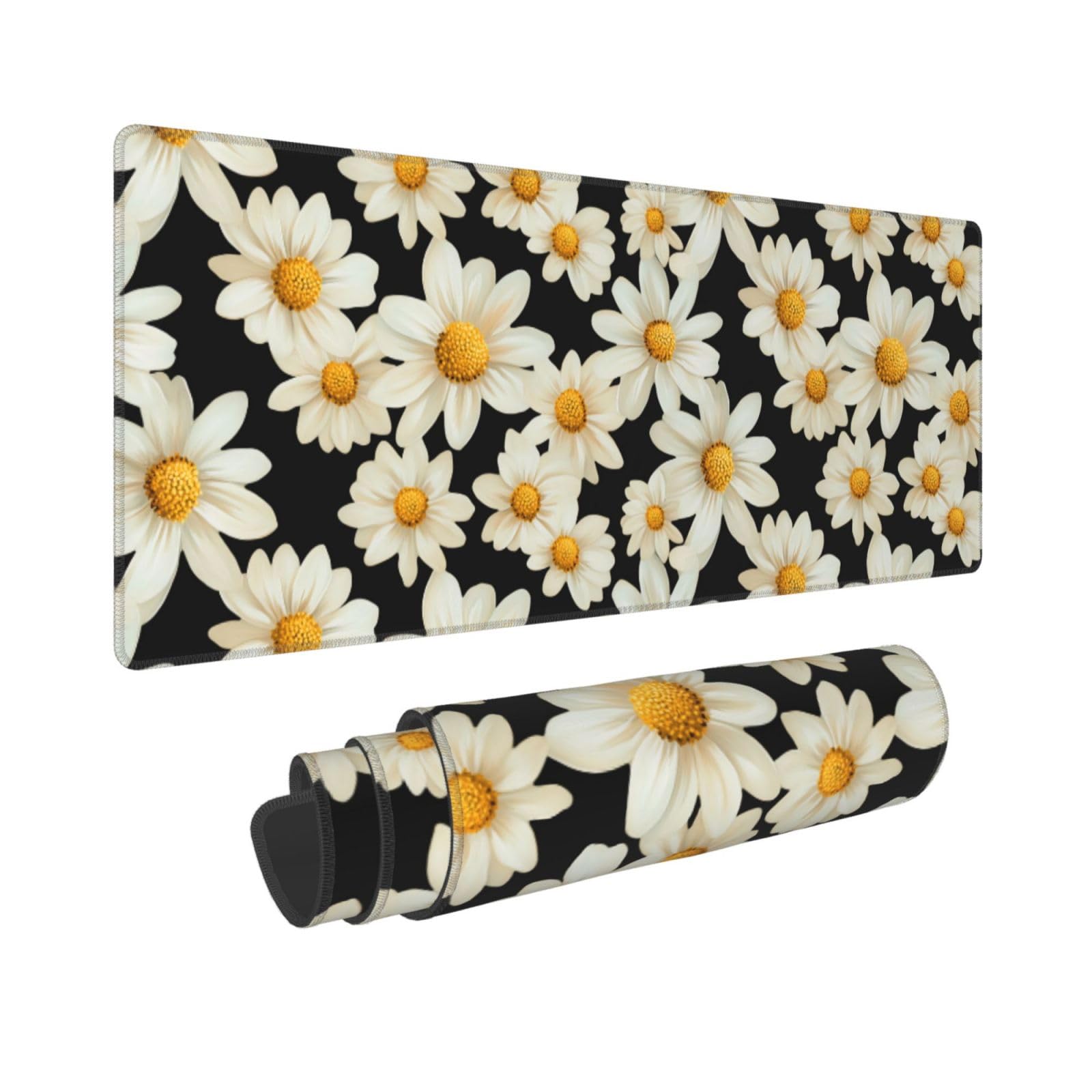 White Daisy Gaming Mouse Pad, Large Non-Slip Rubber Base Mousepad XL 31.5x11.8in, Keyboard Mouse Mat, Desk Pad with Stitched Edges for Gamer Home&Office