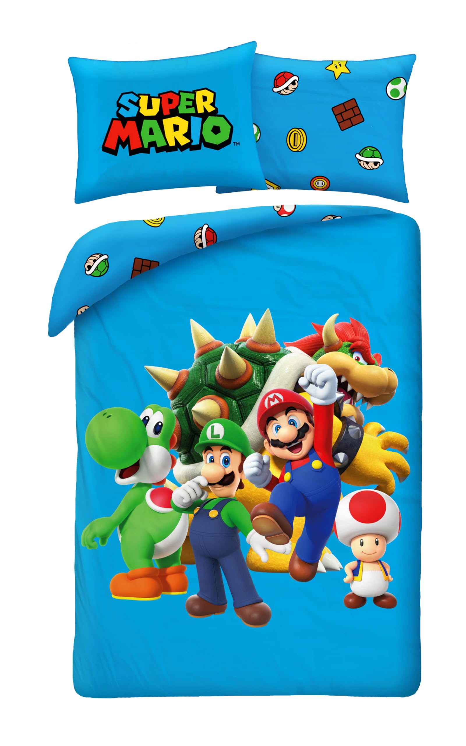 Halantex Blue Super Mario Bed Linen 140 X 200 Cm + 65 X 65 Cm - Mario, Luigi, Toad, Peach, Wario & Yoshi - Duvet Cover And Pillowcase