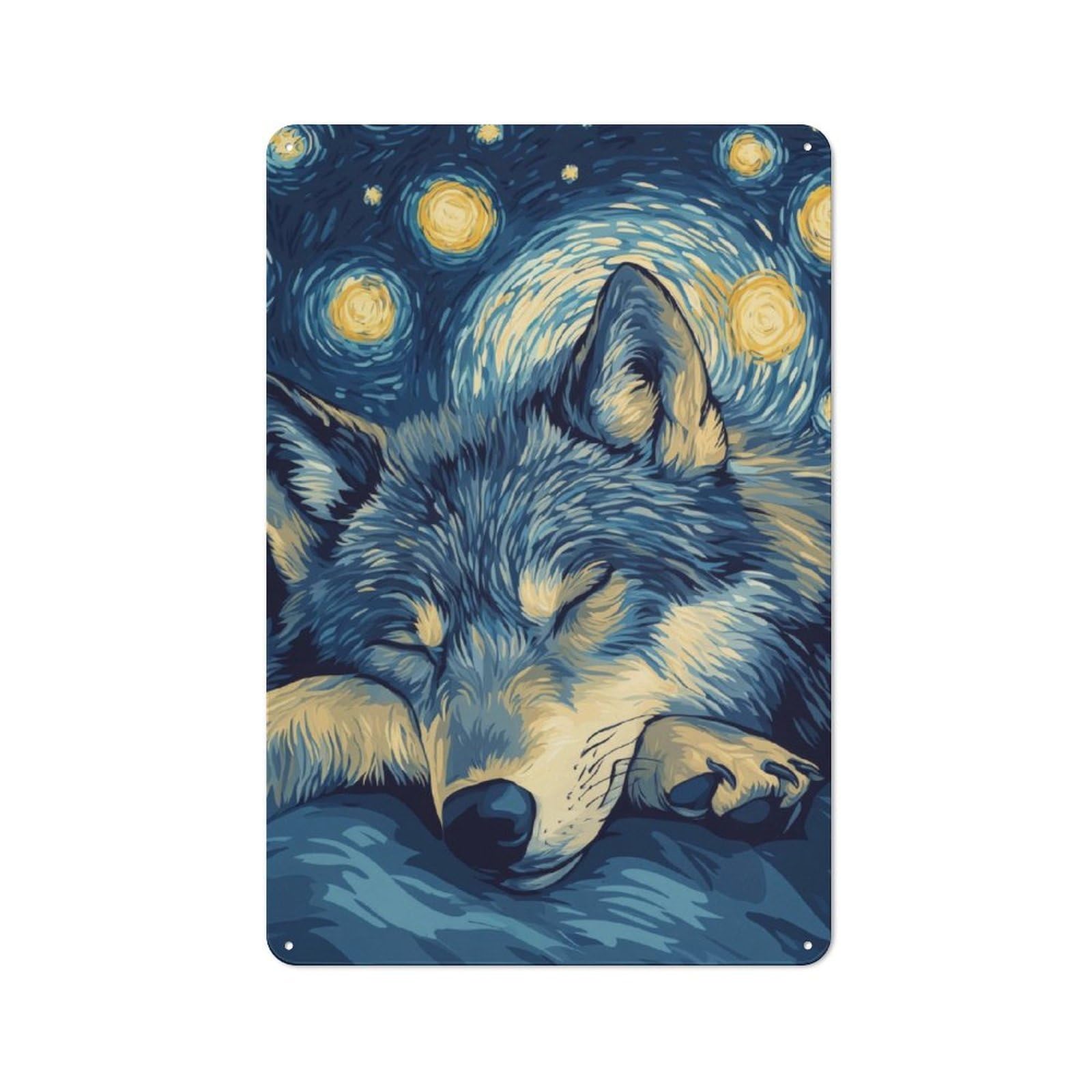Junmoney Wolf In Starry Night Retro Tin Wall Plaque 30X20cm For Kitchen Or Home Bar, For Home Interiors, Feature Walls And Decorative Displays