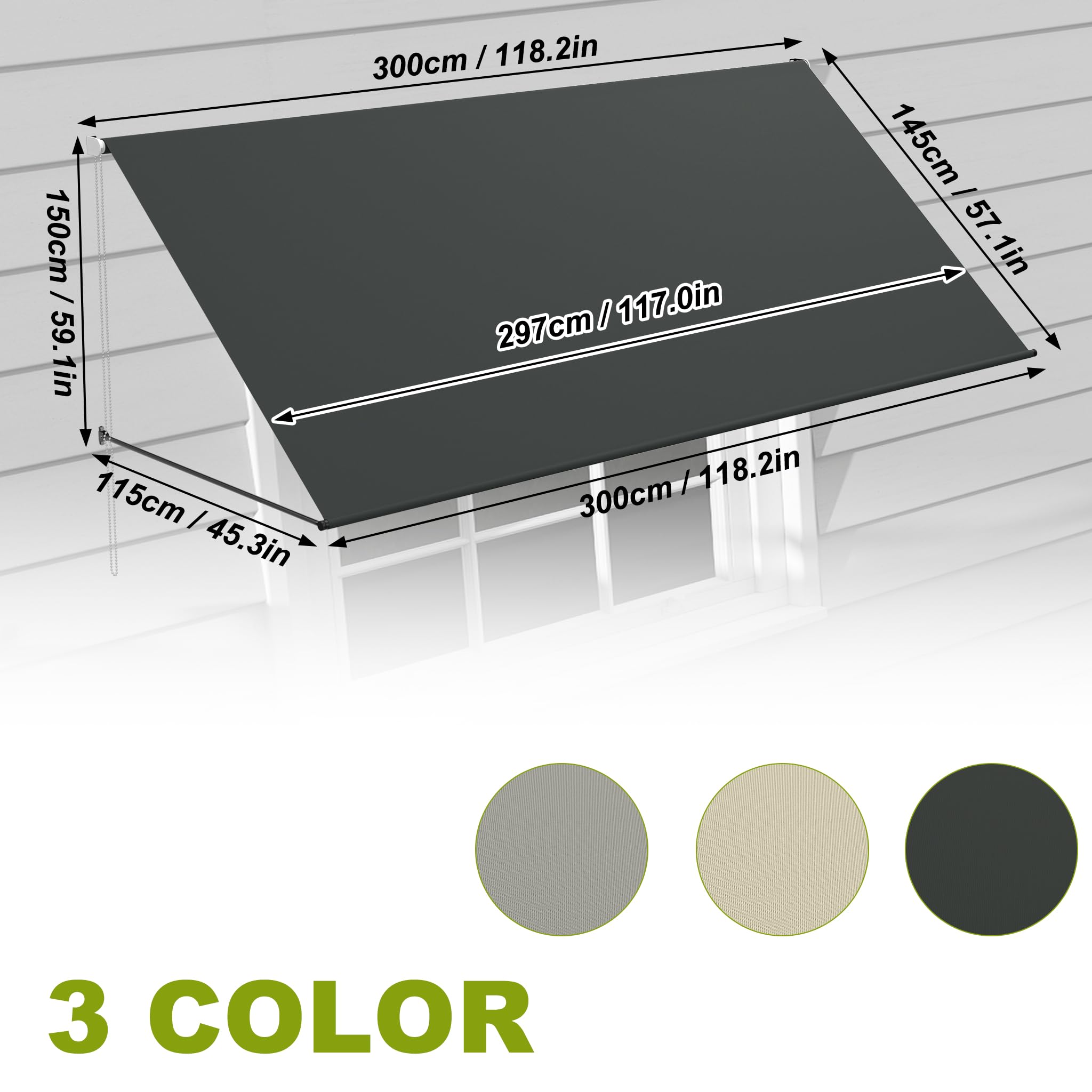UISEBRT Store de fenêtre rétractable 300 x 145 cm, store de balcon avec cordon et barre de support en aluminium, protection UV, résistant aux intempéries, pour fenêtre, terrasse, balcon, anthracite