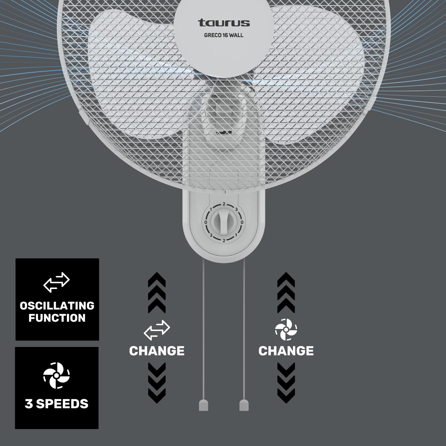 Taurus Greco Wall Ventilateur mural, silencieux, 3 vitesses, variateur de vitesse, oscillant, interrupteur à tirette, grille amovible 45 W, 3 pales