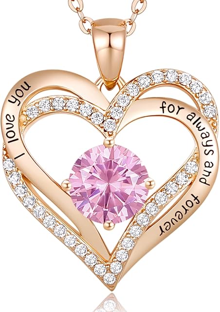 CDE Necklaces for Women 925 Sterling Silver Love Heart Pendant Birthstone Rose/White Gold Necklace Jewellery Gifts for Mum Her Wife Girlfriend Anniversary Birthday Mothers Day Christmas Valentines