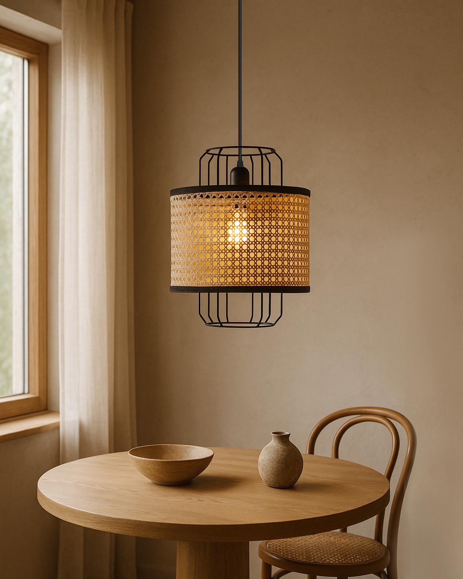 Homesake Handcrafted Pendant Light - Modern Boho Hanging Lamp with Woven Rattan Cage Design, Decorative Ceiling Light Fixture for Living Room, Bedroom, Dining Room (12")(Black)