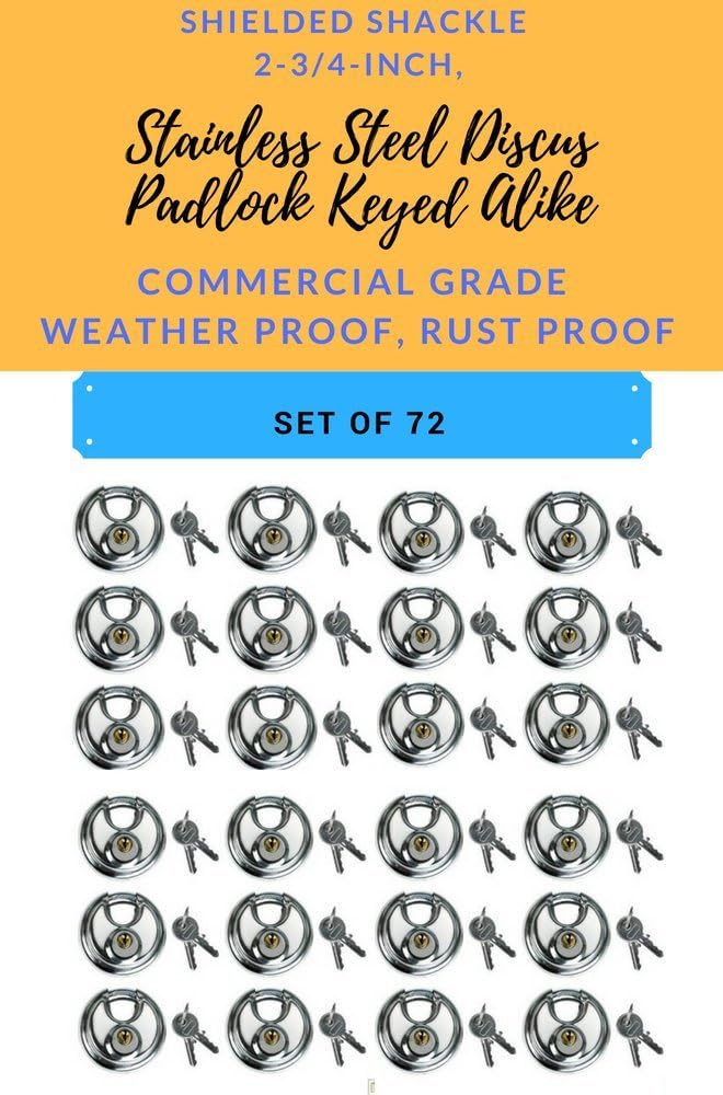 Black Friday - 50% OFF Set of 72, Round Disc Padlocks Keyed Alike 70mm, 2-3/4-inch Heavy Duty Stainless Steel Discus Lock Padlock Hardened Steel Shackle Waterproof, Weather Proof Commercial Grade All The Same Keys (72) Review Set of 72, Round Disc Padlocks Keyed Alike 70mm, 2-3/4-inch Heavy Duty Stainless Steel Discus Lock Padlock Hardened Steel Shackle Waterproof, Weather Proof Commercial Grade All The Same Keys (72)