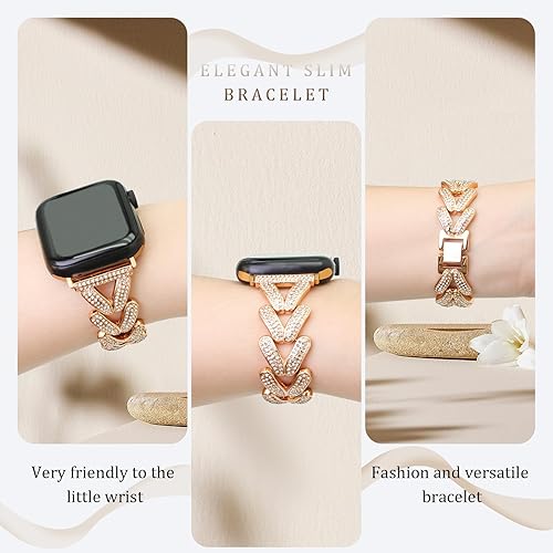 Miniatura 5 de Correa de metal compatible con Apple Watch de 1.49, 1.57, 1.61, 1.65, 1.73, 1.77 y 1.77 pulgadas, elegante correa de repuesto con diamantes de