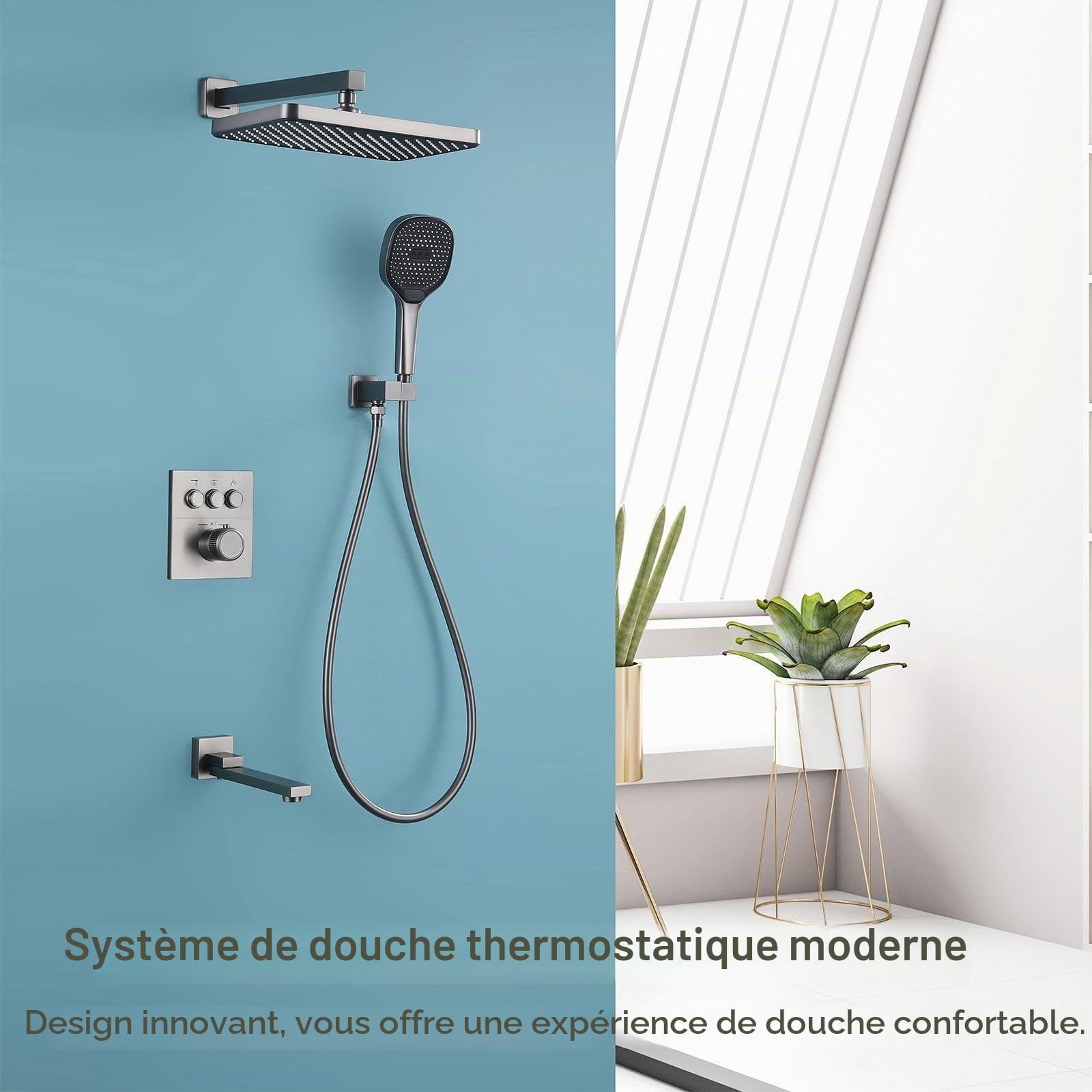 Colonne de Douche Encastrée, HSS0465 Moderne Ensemble de Douche Thermostatique, 30x20cm Pluie Systèmes de Douche, Touches du Piano, Douchette à Main 3 Modes, Robinet de Baignoire Pliable