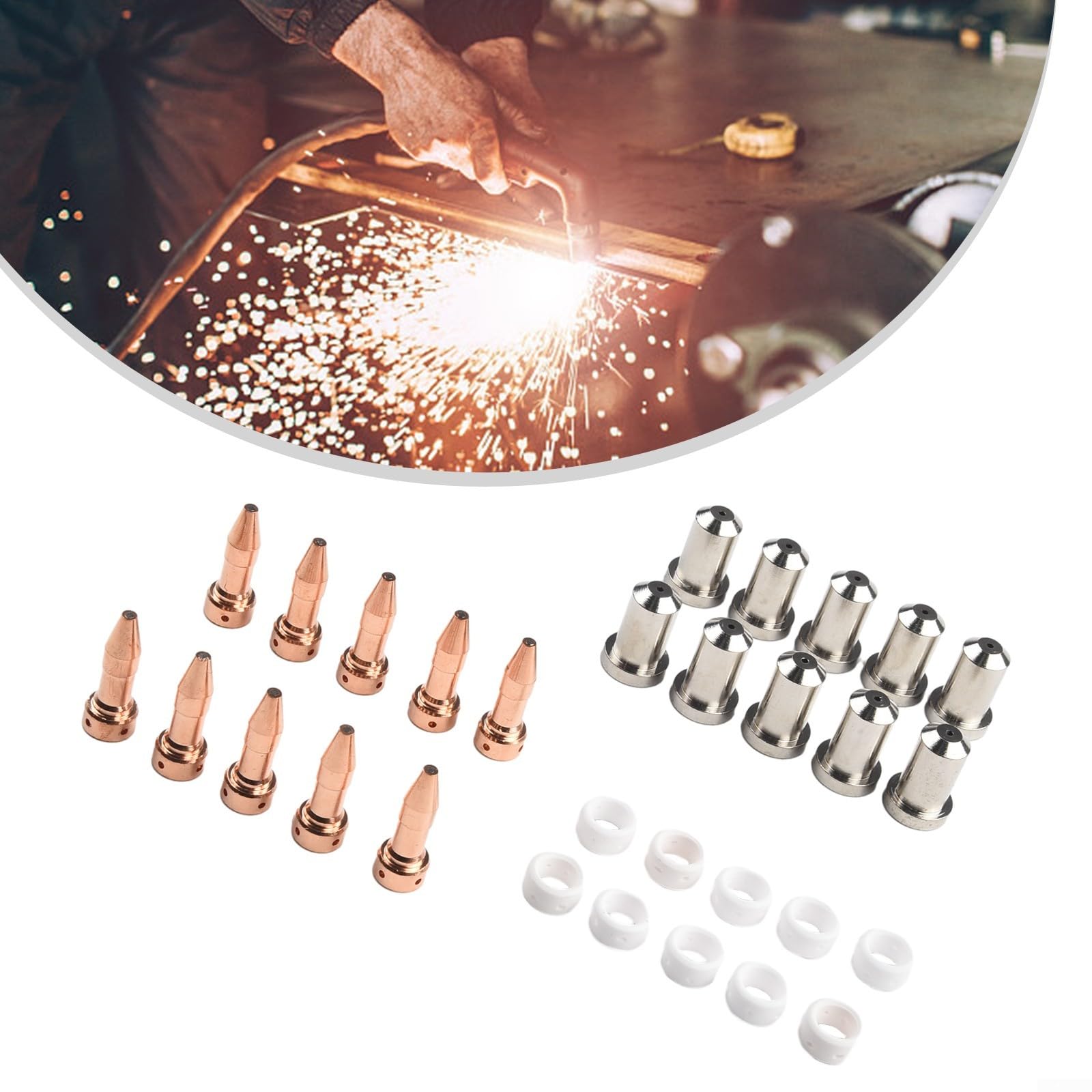 30Pcs PT-23/27 Plasma Cutter Consumables Kit,10Pcs Electrodes 33366XL,10Pcs Nozzles 33418,10Pcs Rings 33367 For Torch Parts Replacement