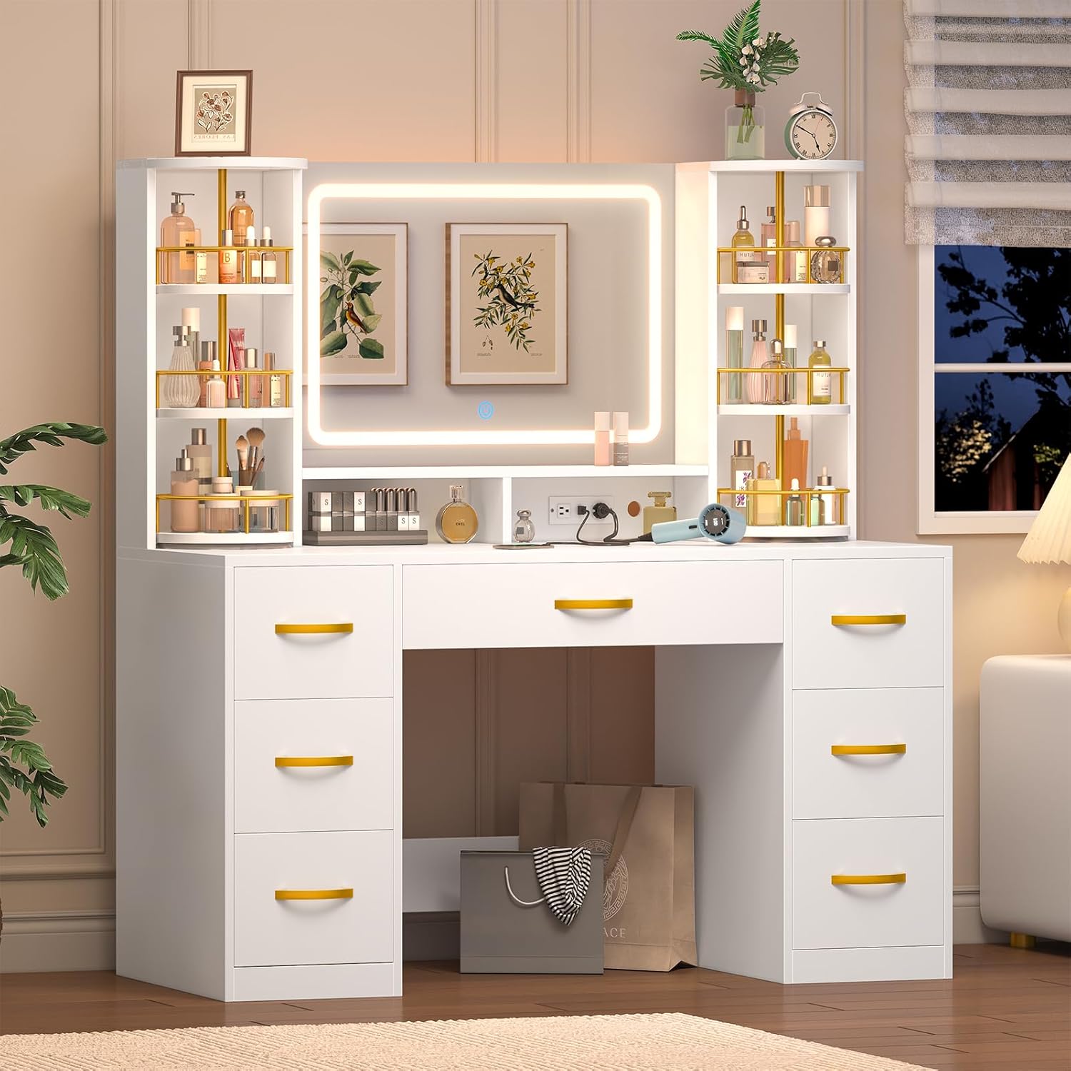 Vanity Desk with Mirror and Lights, White Makeup Vanity Table with 360° Roating Shelves, Large Vanity Desk with 7 Drawers, Power Outlet, Dressing Table Set with Lighted Mirror Adjustable, for Bedroom