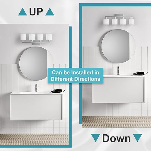 Miniatura 4 de Luces de baño sobre espejo de níquel cepillado, 4 luces antioxidantes, apliques de pared modernos de 24 pulgadas, base E26, pantallas de vidrio