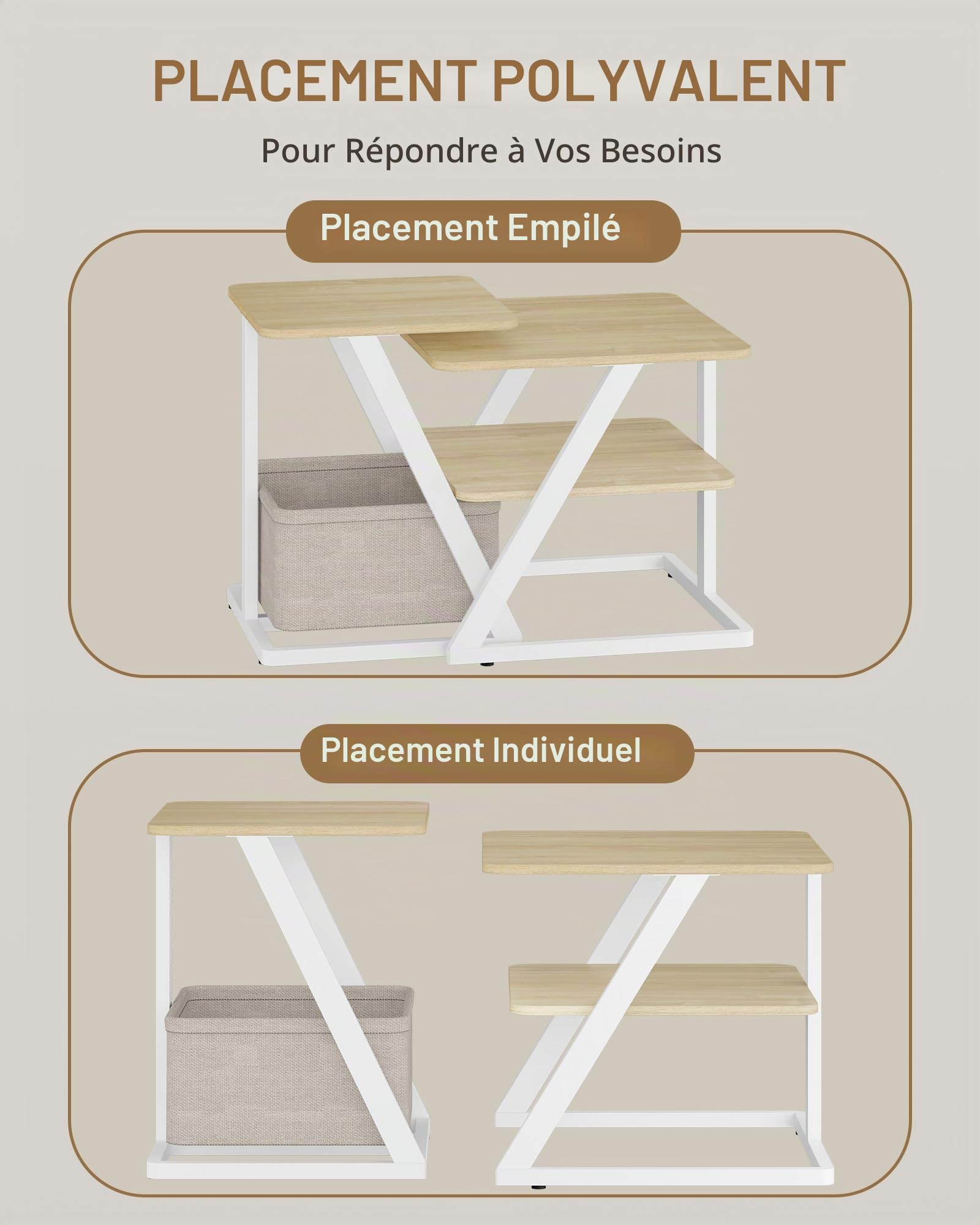 Hzuaneri Table Basse Gigogne Lot de 2, Blanc Bois Coloris