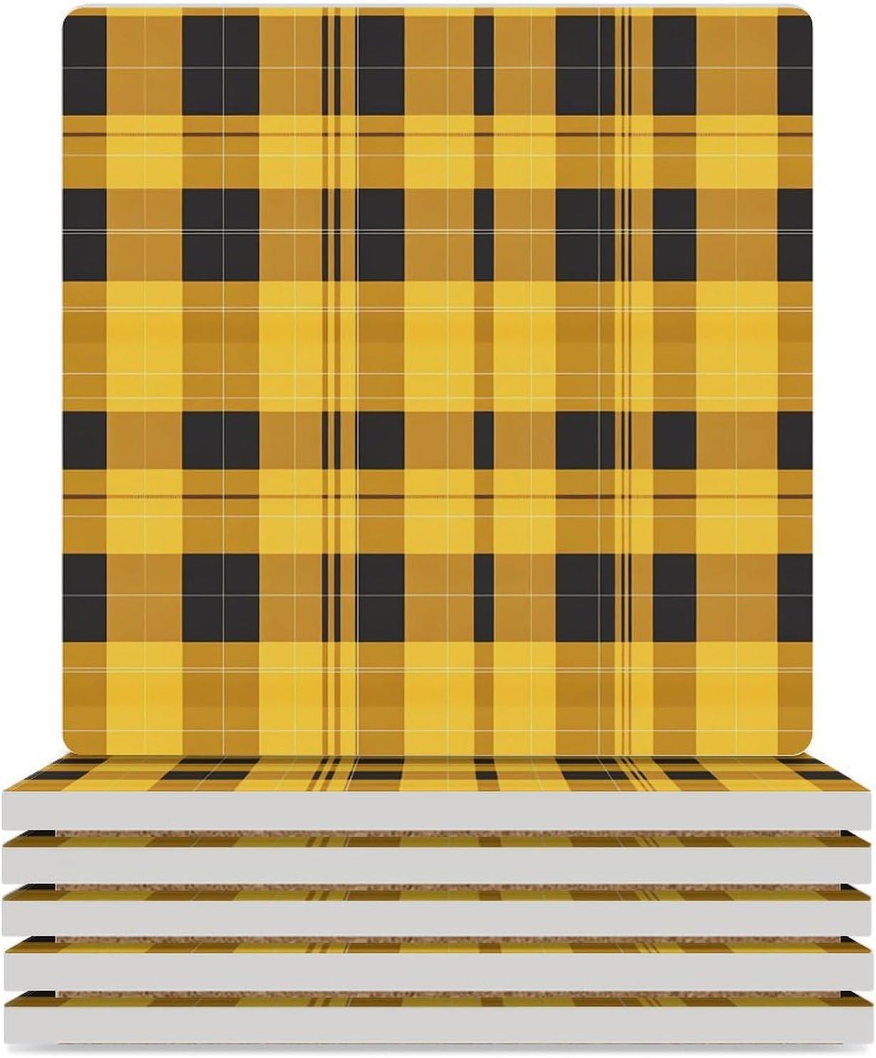 Plaid Checkered Yellow Funny Ceramic Coasters for Drinks Absorbent Cup Holder Tabletop Protector with Cork Base