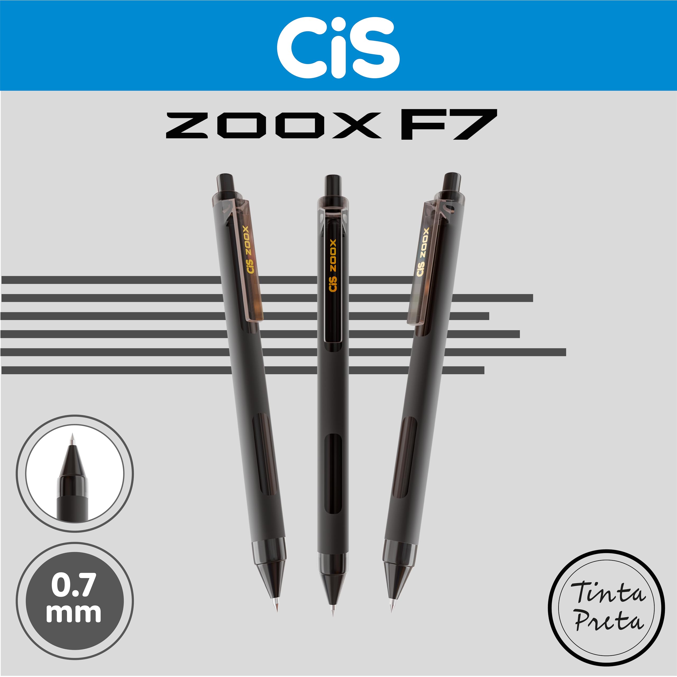 CIS Zoox F7 Caneta Rollergel Retrátil - Preta (Tinta Preta