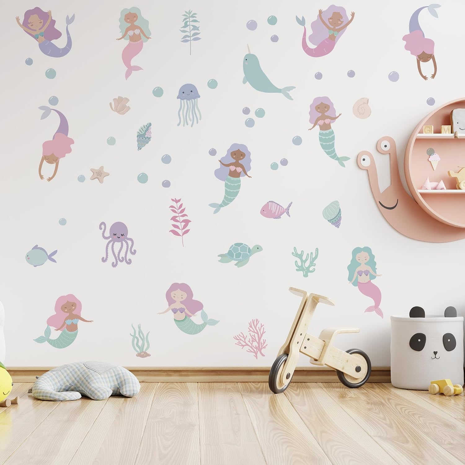 Under The Sea Mermaid Jellyfish Wall Decals，Ocean Animals Theme Wall Stickers，Mermaid Shells Art Decor Mural，for Nursery Kids Room Bathroom Girls Bedroom Baby Nursery Wall Decoration