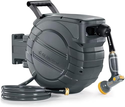 GLAHODEN Carrete de manguera de jardín retráctil de 12 pulgada x 100 pies, bloqueo de trinquete doble mejorado 2025, protección UV y congelación,