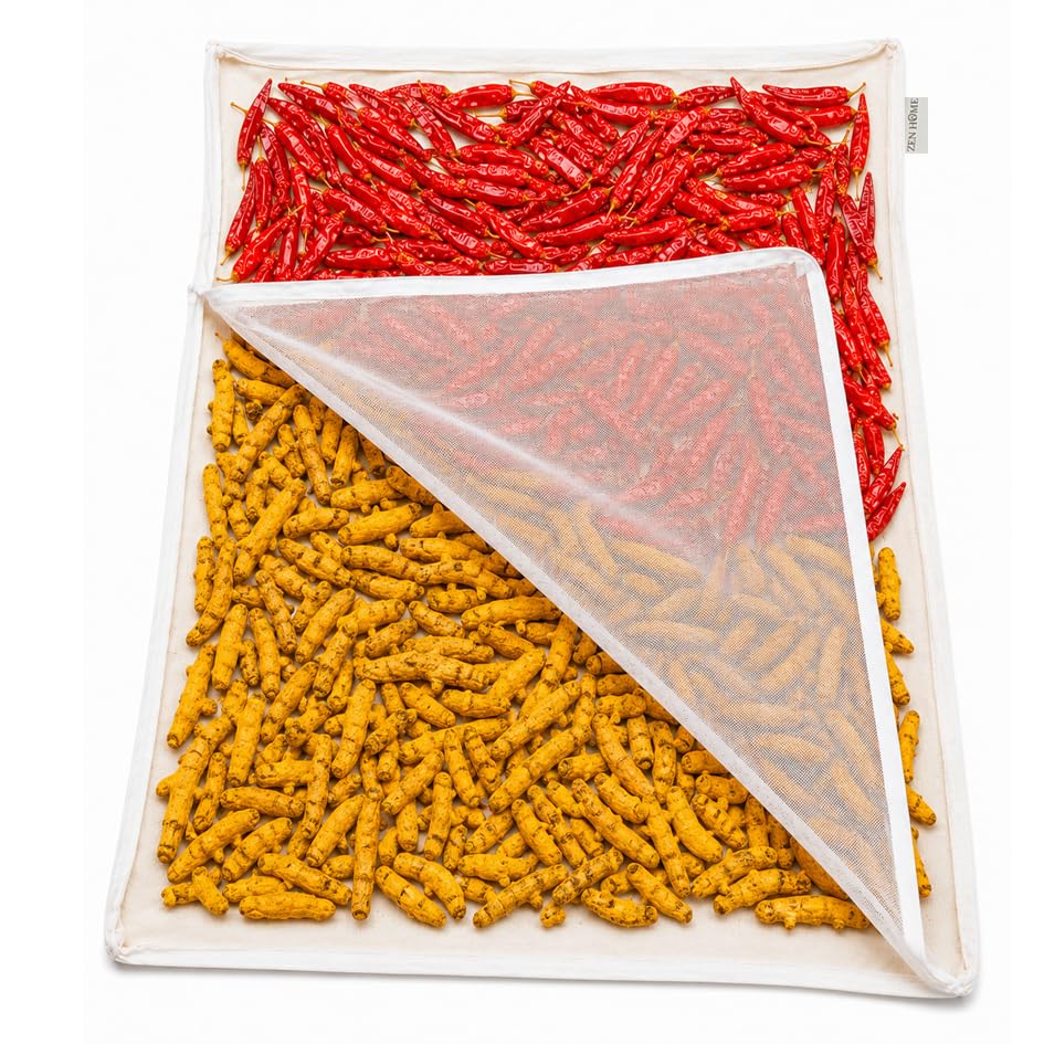 ZEN HOME Multi Purpose Drying Cloth with Protective Net Cover | 100% Cotton for Vadagam, Vathal, Appalam, Millets, Rice & Spices | Dust & Bird Protection | Reusable Washable Drying Mat | 75 x 100 cm | Unbleached Cotton drying cloth with net cover-image-3