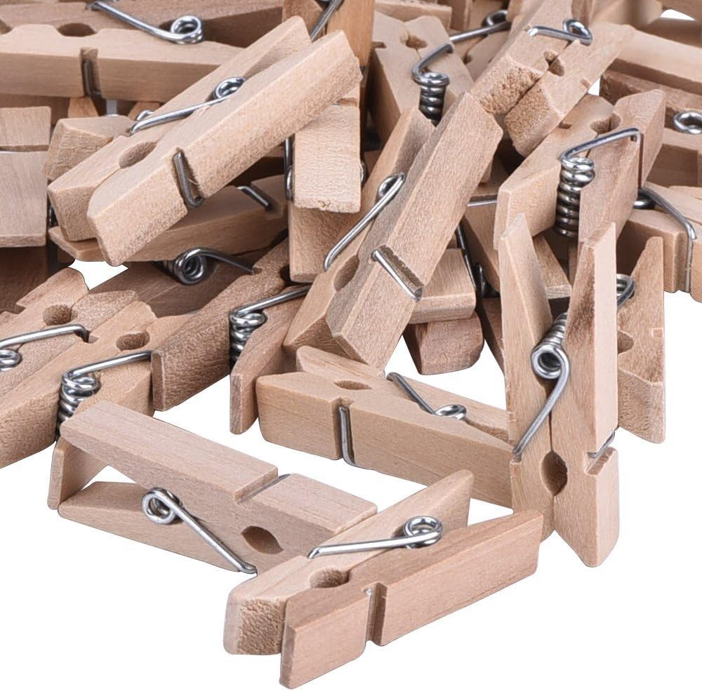 BronaGrand 50pcs Mini Wooden Utility Paper Clip, Clothespins Clip, Clothes Line Clips with 300 Feet Natural Twine