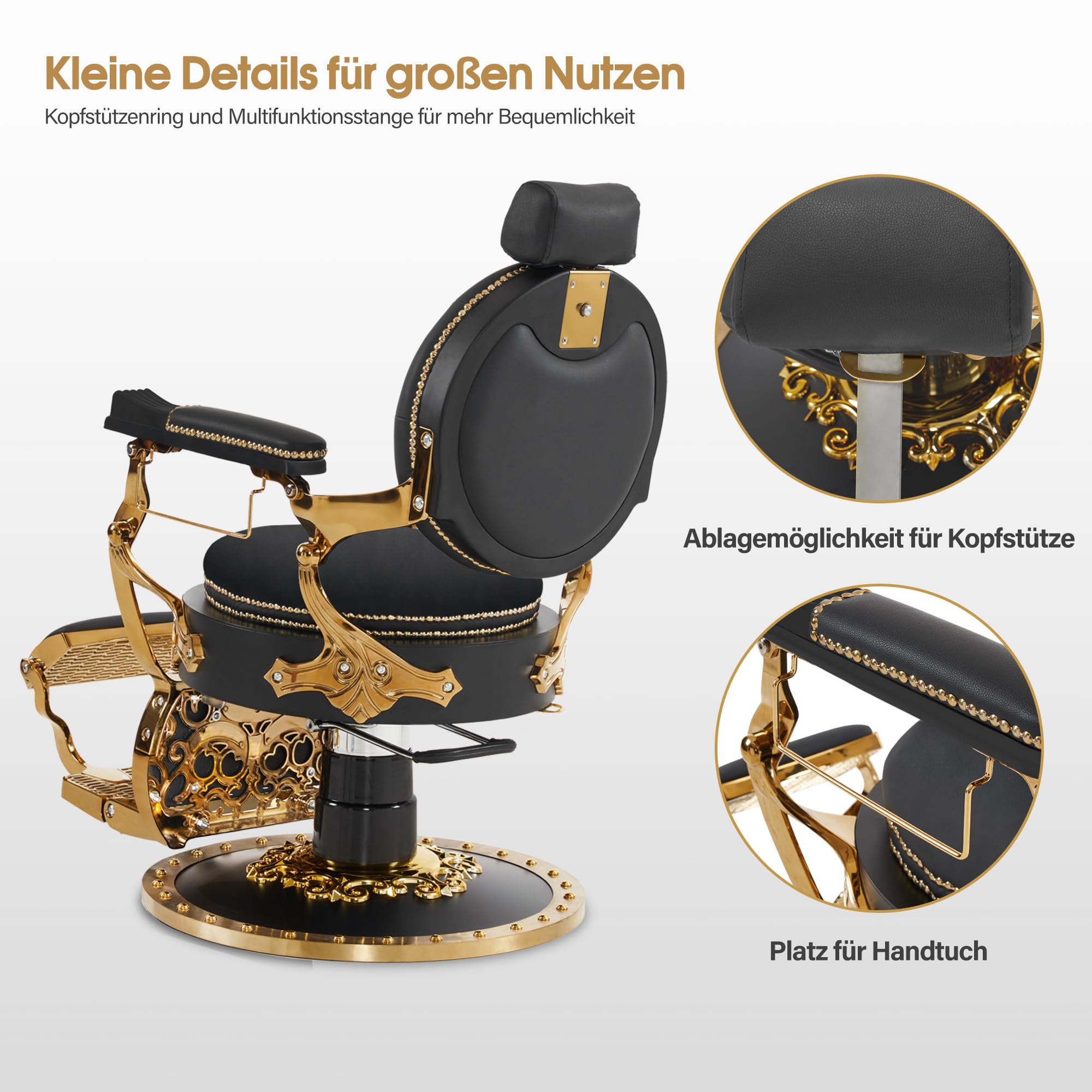 Barberpub Friseurstuhl mit Kopfstütze Kippbar, Barber Stuhl Retro Vintage, 360° Drehbar & Höhenverstellbar, Friseureinrichtung Hydraulisch, Kunstleder, 8688(Gold-Schwarz)