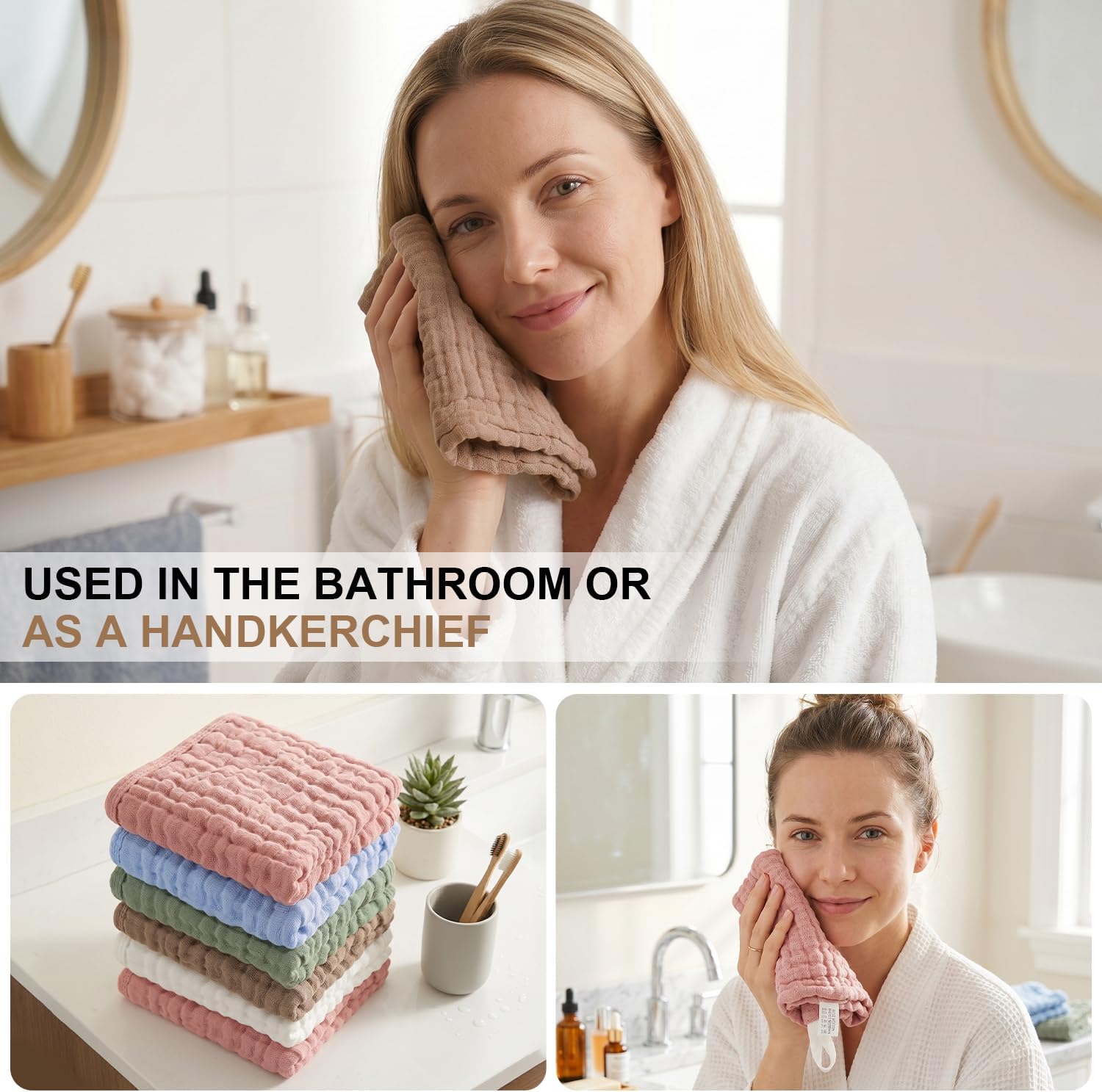6 Pack 100% Cotton Wash Cloth, Highly Absorbent and Soft Feel Face Towels, Reusable Cotton Washcloths for Sensitive Skin & Makeup Remover, 10 x 10 Inch, 6 Colors