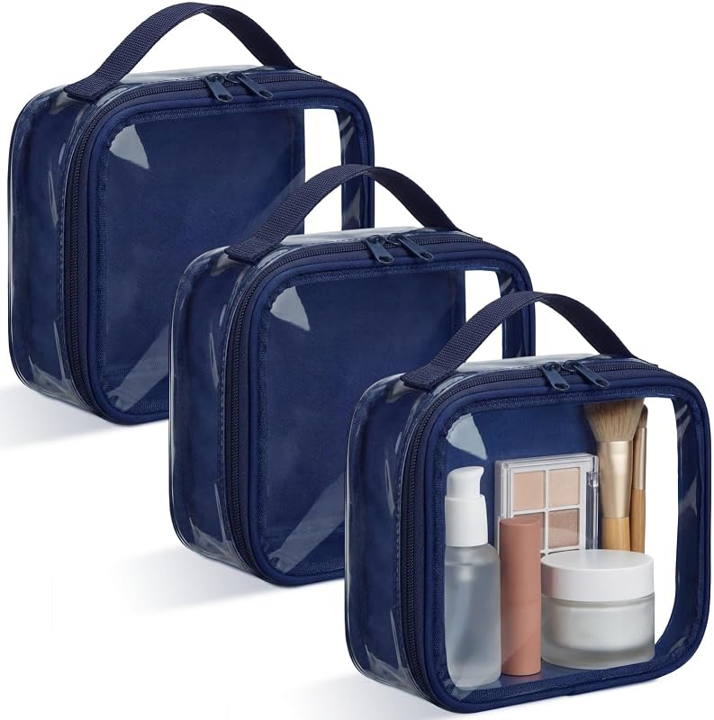 Abbylike 3 Necessaires Pequenas de Viagem em PVC Transparente com Zíper e Alça, Azul-marinho