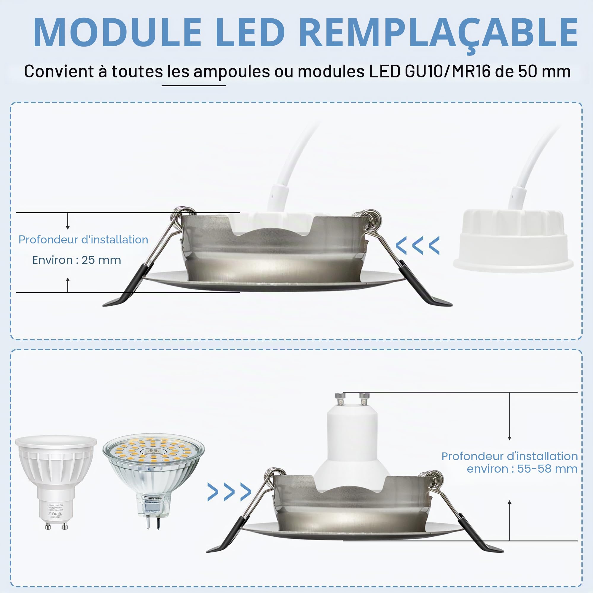 Spot LED Encastrable Dimmable 220V, 5.5W 600LM IP44 Spots LED Encastrable Extra Plat 68mm, 45° Orientable Spots de Plafond 2700K Blanc Chaud Spot Salle de Bain, Nickel Brossé Lot de 6