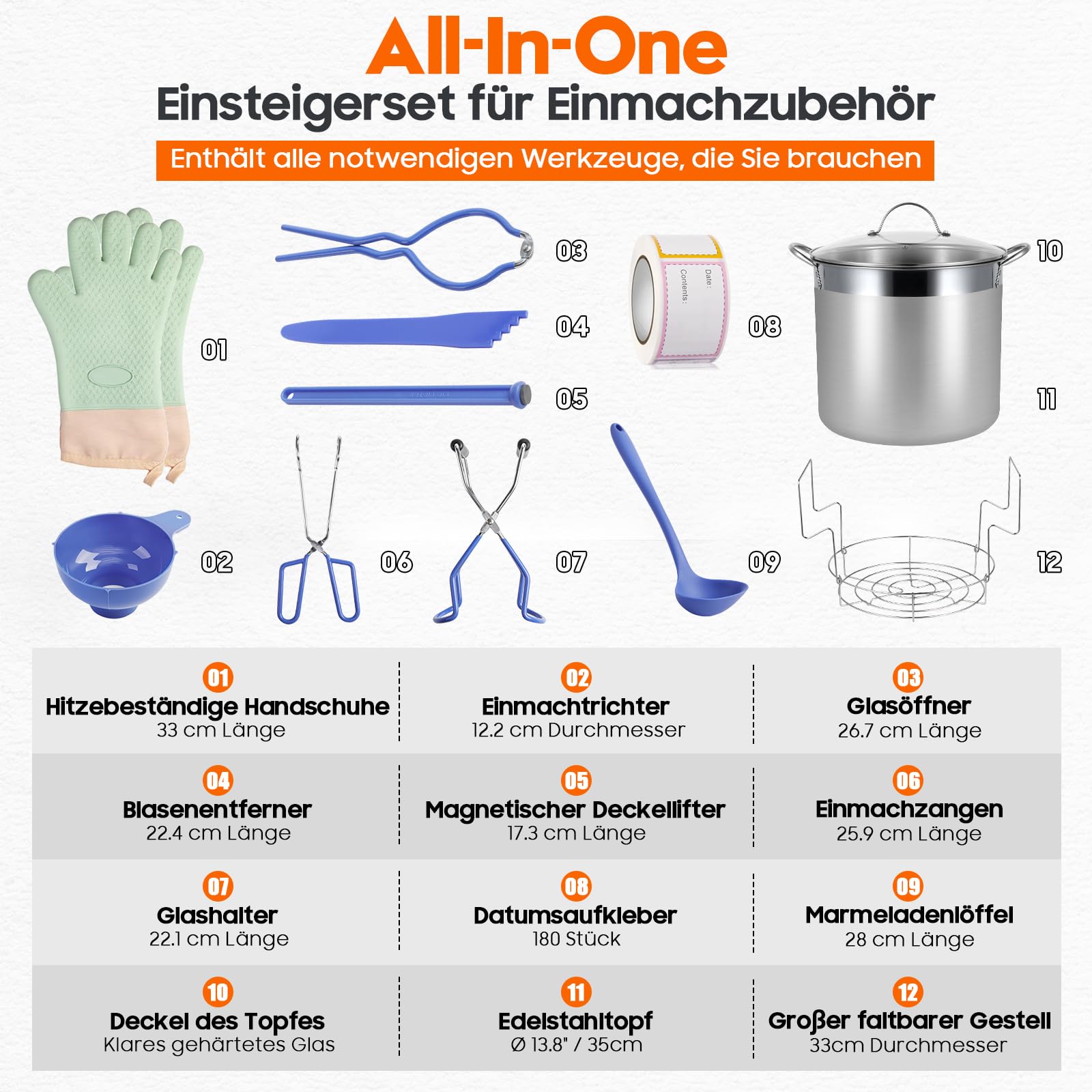 Juego de conservas de acero inoxidable con rejilla y tapa, gran tarro para baño maría, juego completo para principiantes, apto para cocinas de inducción y vitrocerámica (azul, 26 L)