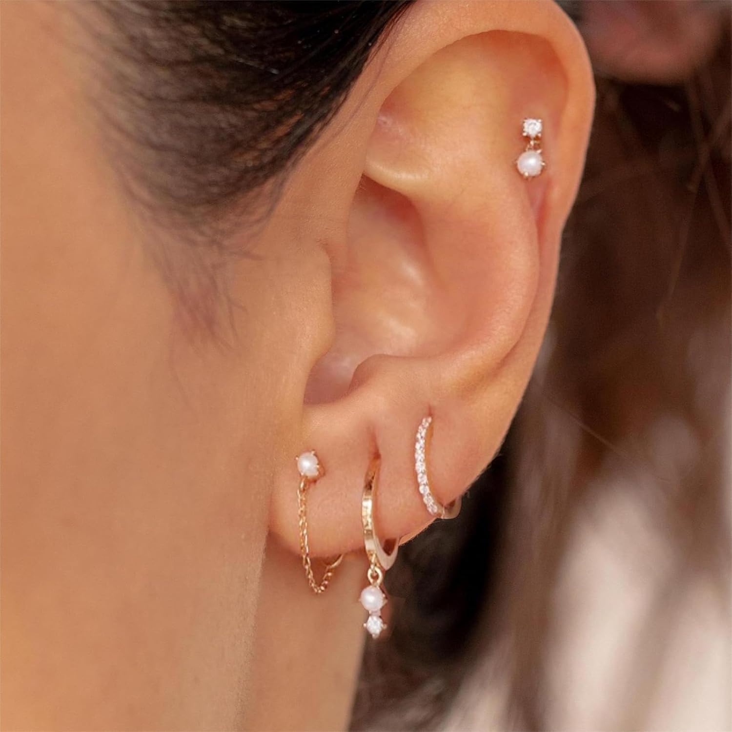 Gold Hoop Earrings for Women Trendy,Dainty Pearl Earrings Set 14K Gold Plated Huggie Earrings for Women Gold Stud Earrings Stack Small Cute Cartilage Hoop Earrings Jewelry for Women - Image 6