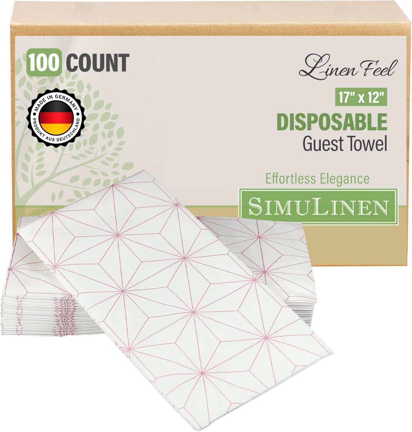 SimuLinen Rose Gold Geometric Disposable Paper Towels for Bathroom - Cloth-Like, Soft, Single-Use, Linen Feel, 12x17", 100ct (Made in Germany)