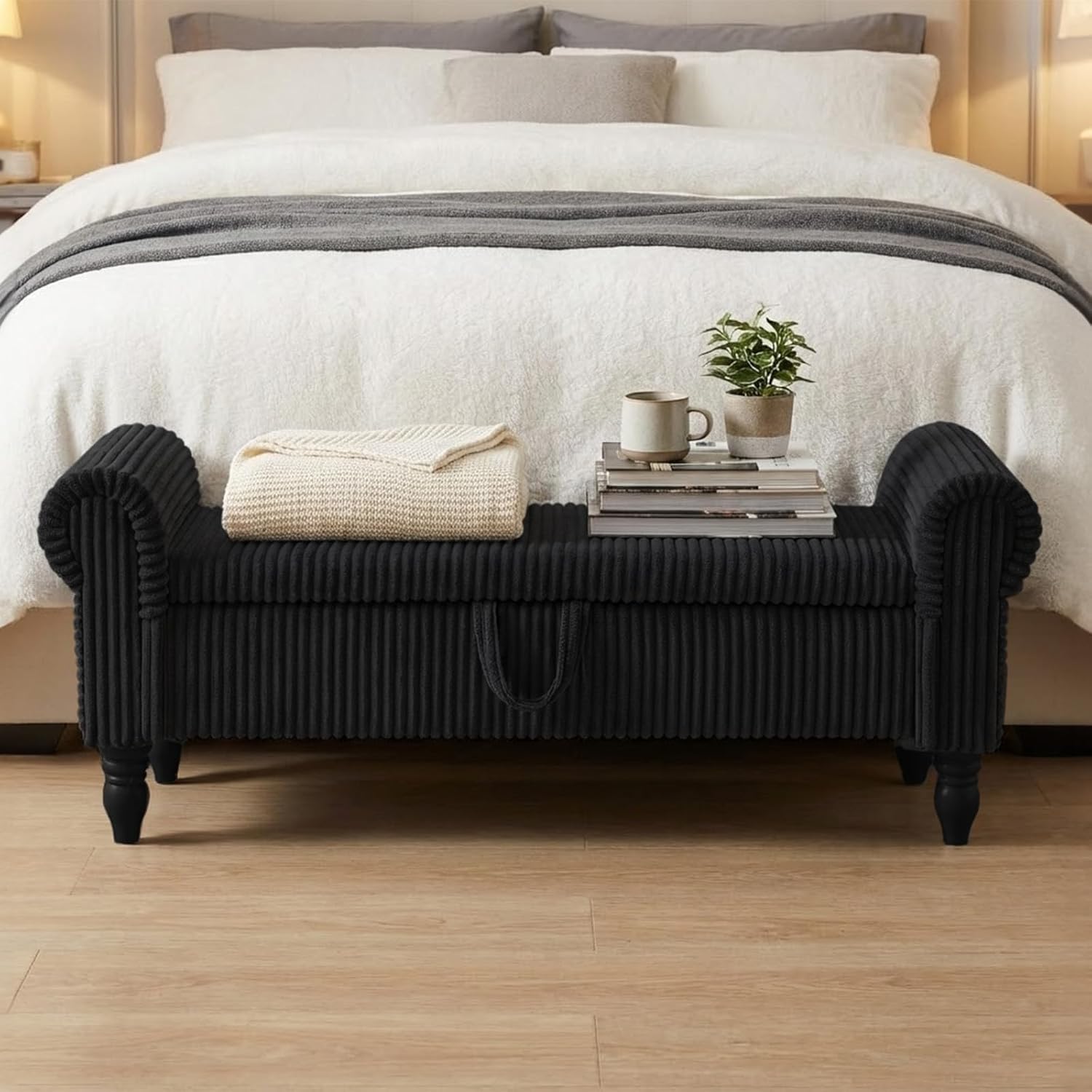 51.5" Storage Bench, End of Bed Bench with Rolled Arm and Nailhead Trim, Upholstered Bedroom Bench with Storage, Ottoman Bench for End of Bedroom, Living Room, Entryway, Black