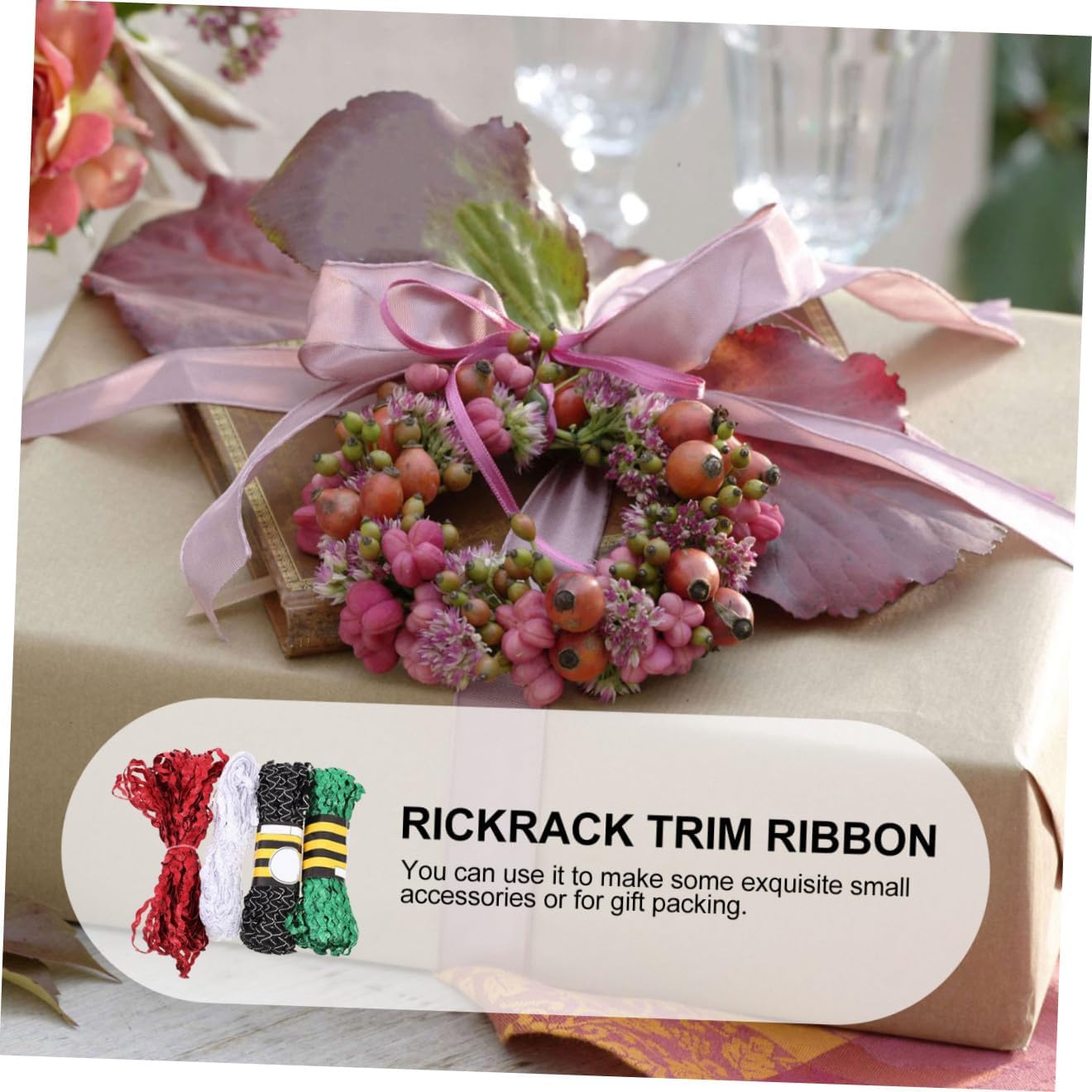 4 Rolls 5mm Rickrack Ribbon Trim in Red, Green, White, and Black-White for Sewing Clothes and DIY Crafts, Waving S Shape Decorative Fringe Ribbon for Handcraft and Dress