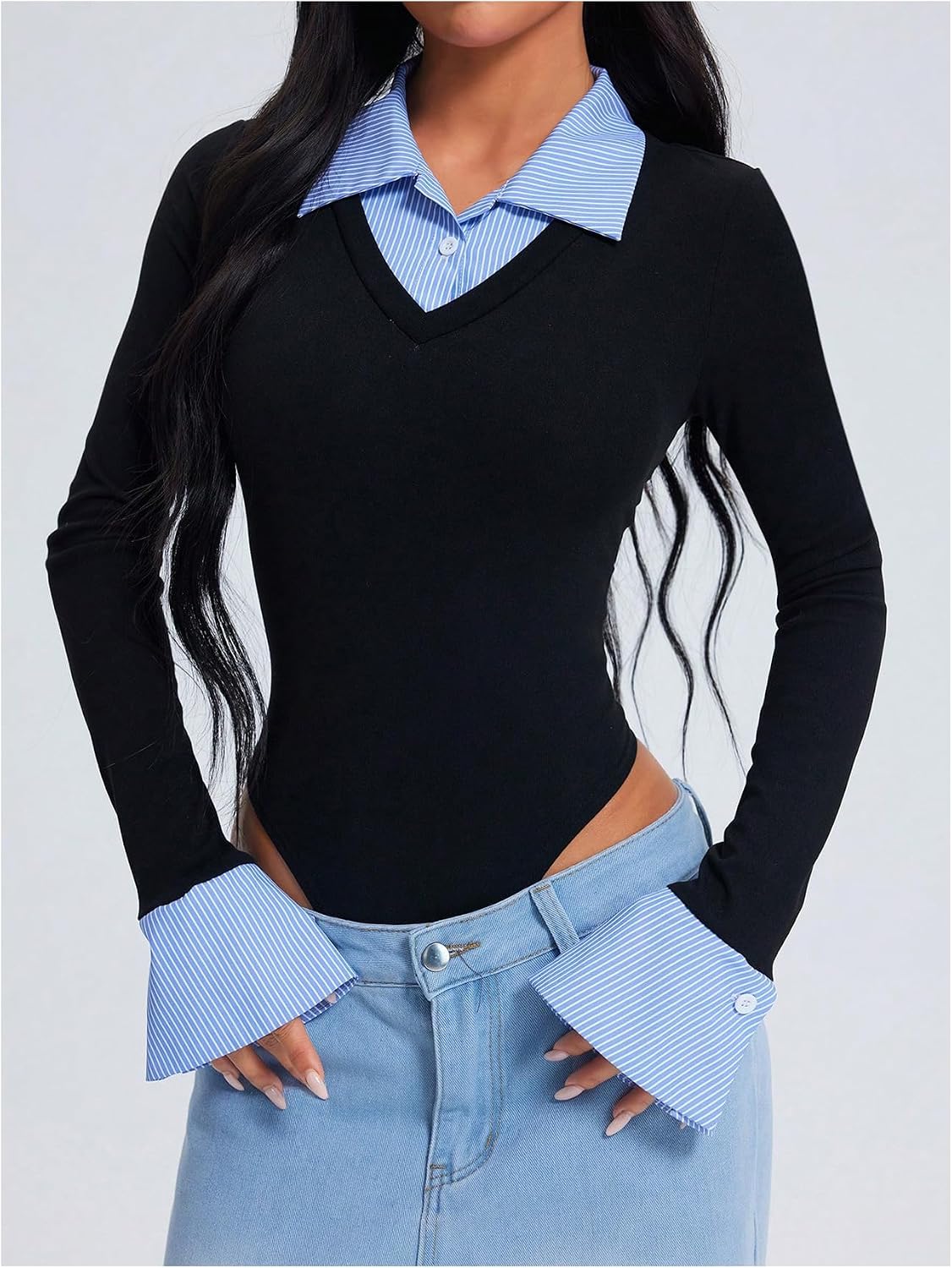 OYOANGLE Women's Striped Long Sleeve Bodysuits Button Down Collared 2 in 1 Body Suit Top Y2K Preppy Clothes