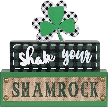 St Patricks Day Decorations, MEETYAMOR 3-Layered Shamrock Wood Block St Patricks Day Decor, Shamrock Ornaments Shake Your SHAMROCK Sign Saint Patricks Day Decorations for the Home, Table, Mantel