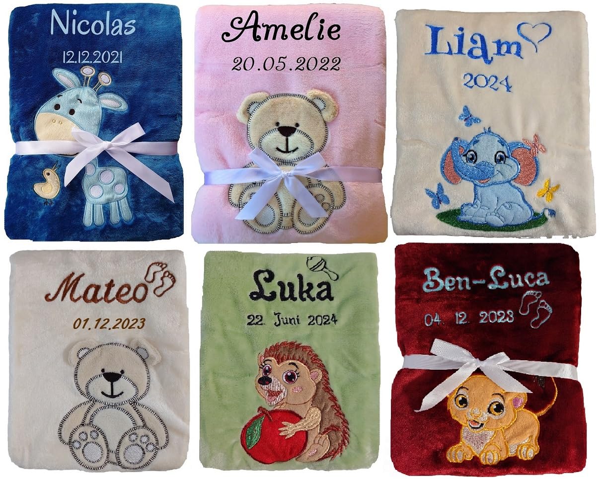 Wuff-Dogsworld Kuschlige Babydecke SUPER FLAUSCHIG Bestickt mit Namen und Datum Viele Farben zur Geburt für Jungen & Mädchen, Personalisierte Geschenke Baby, Babydecke personalisiert