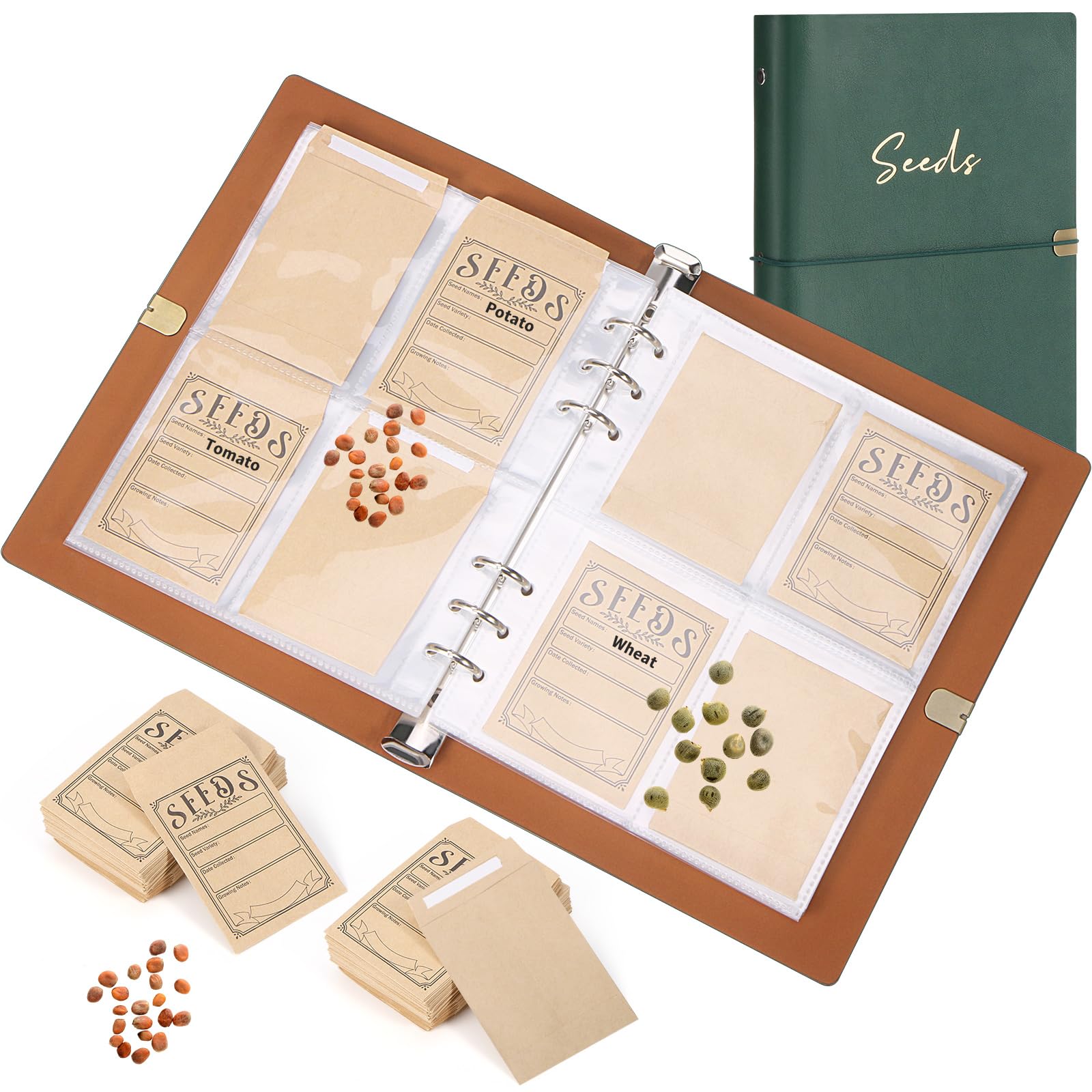 Carpeta organizadora de almacenamiento de semillas de jardín, 150 sobres de semillas resellables, carcasa marrón con 40 protectores de hojas para una organización eficiente de paquetes de semillas,