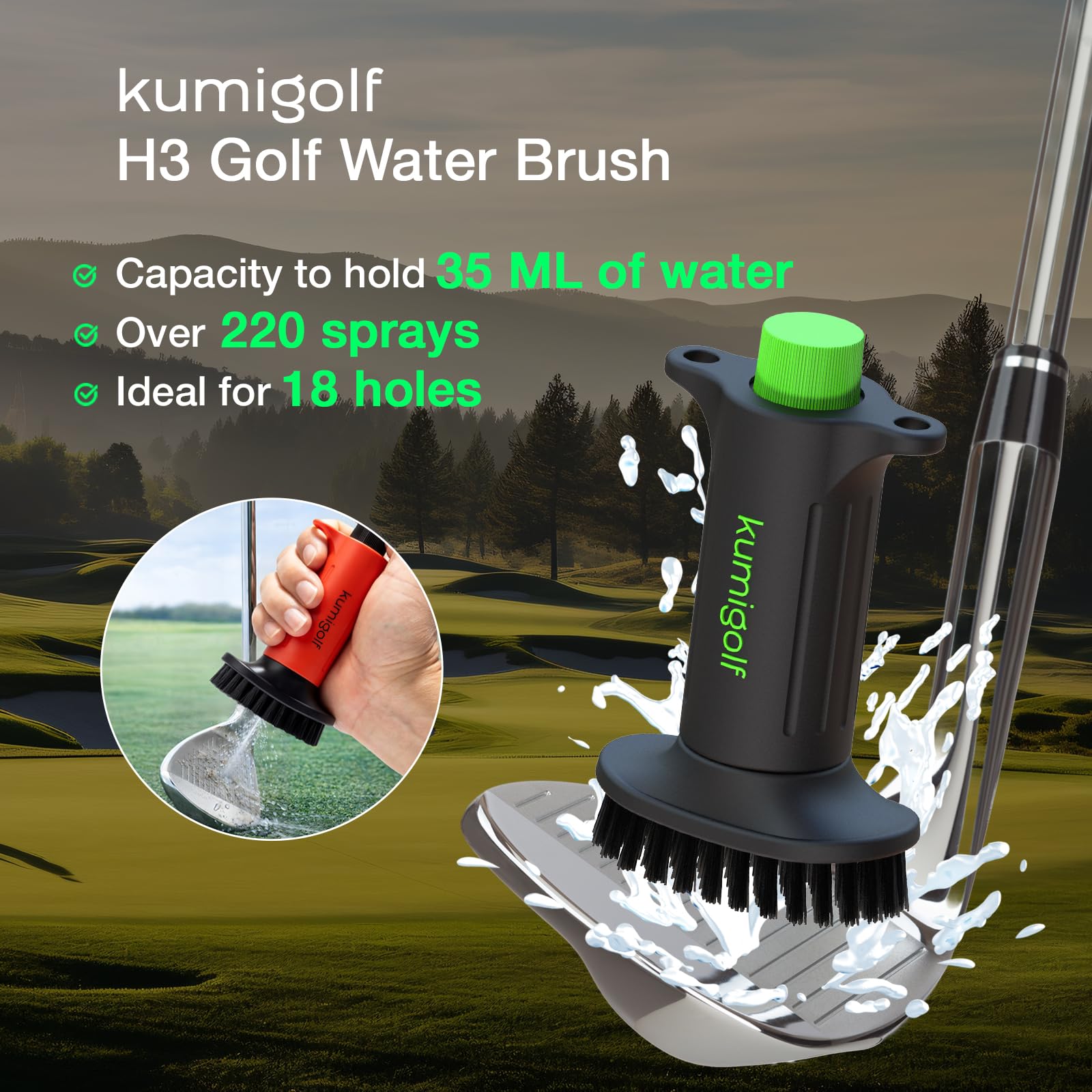 H3 szczotka do wody golfowej, funkcja spryskiwania i magnetyczne klipsy, szczotka do kijów golfowych, szczotka do czyszczenia klubu golfowego, wysokiej jakości i mocne włosie nylonowe do