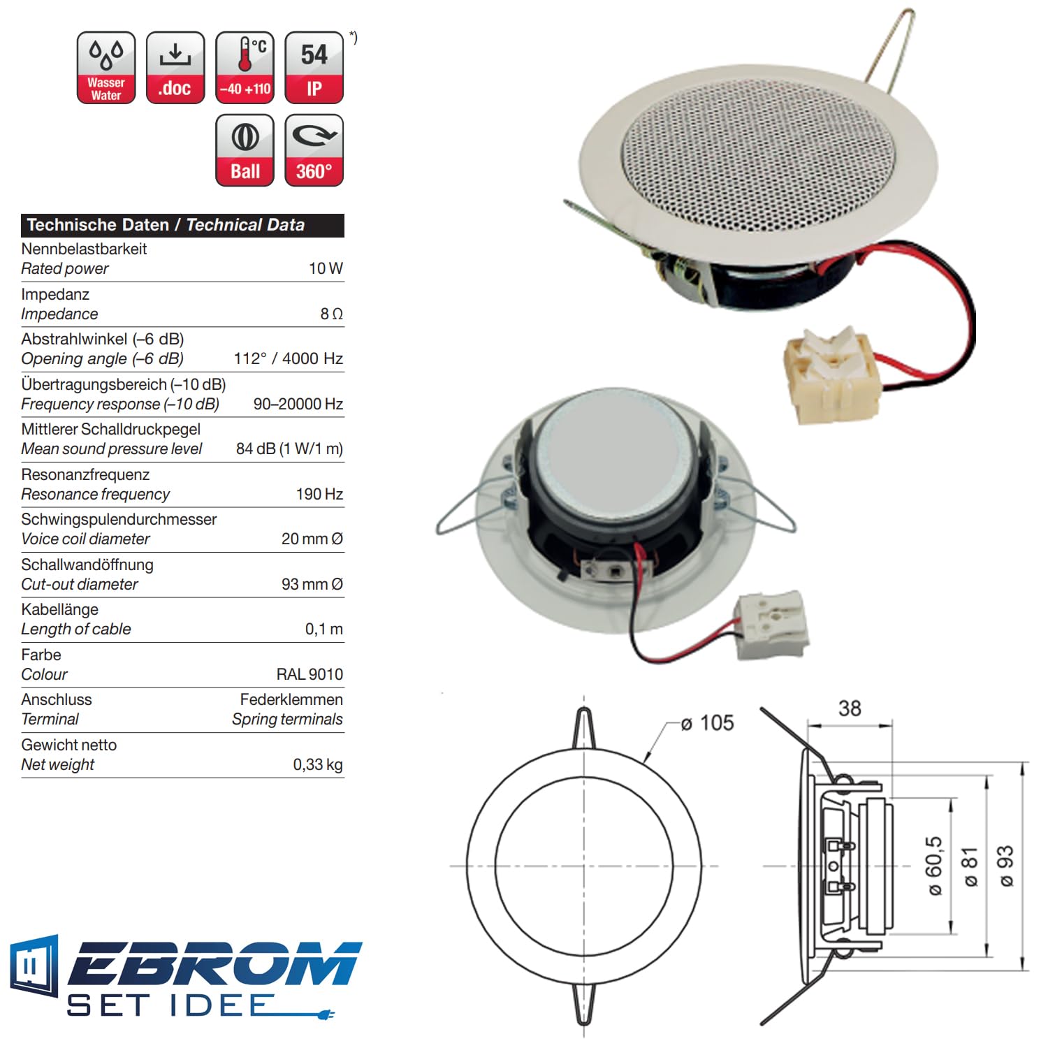 BERKER 29848989 Radio DAB+ encastrée Blanc polaire brillant avec cadre simple Berker + 2 haut-parleurs de plafond encastrés + 20 m de câble de haut-parleur EBROM